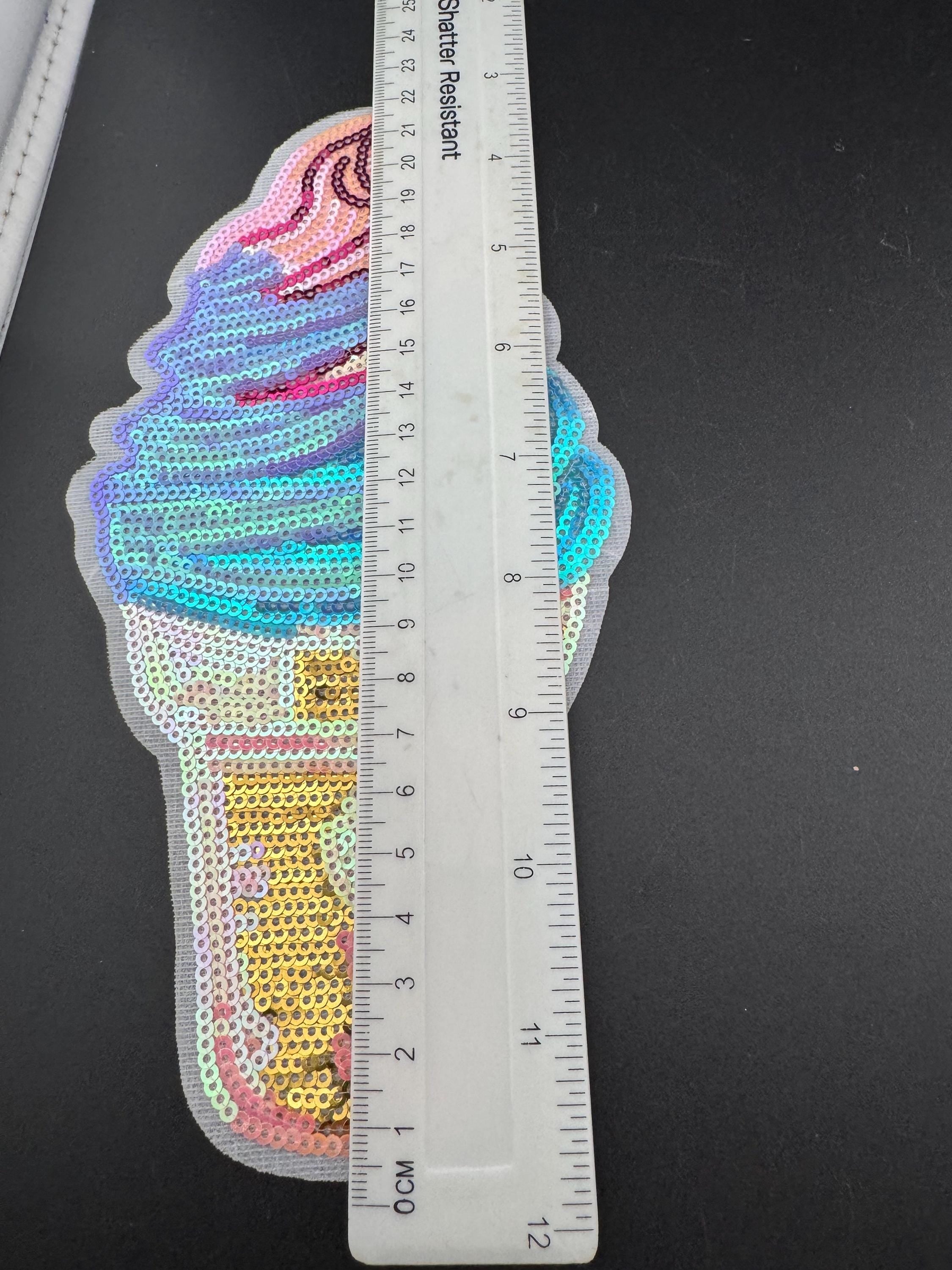 XL iron on ice cream patch sequin applique for sewing in blue, pink and gold, summer clothing upcycle 21cm x 11cm