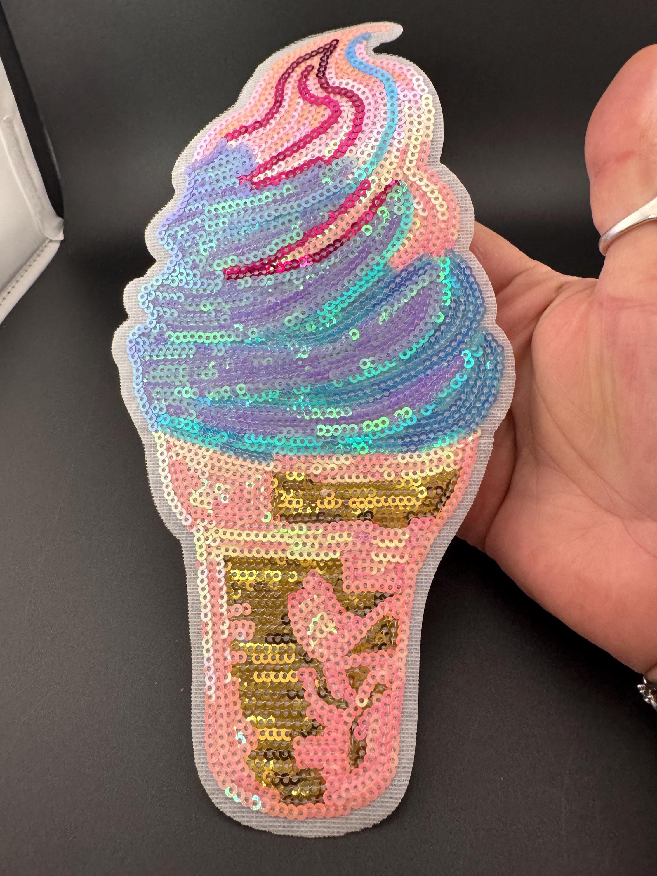 XL iron on ice cream patch sequin applique for sewing in blue, pink and gold, summer clothing upcycle 21cm x 11cm