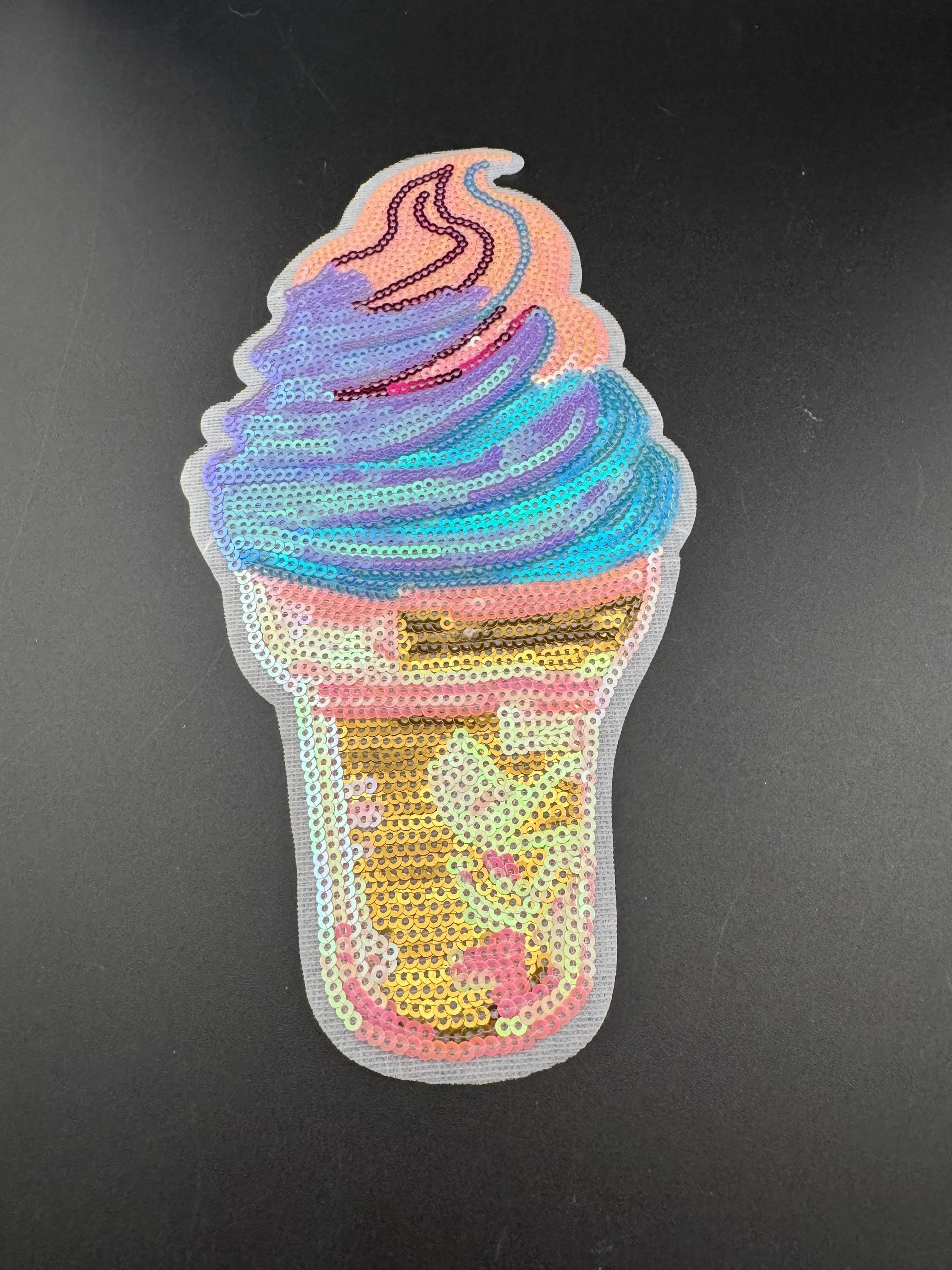 XL iron on ice cream patch sequin applique for sewing in blue, pink and gold, summer clothing upcycle 21cm x 11cm