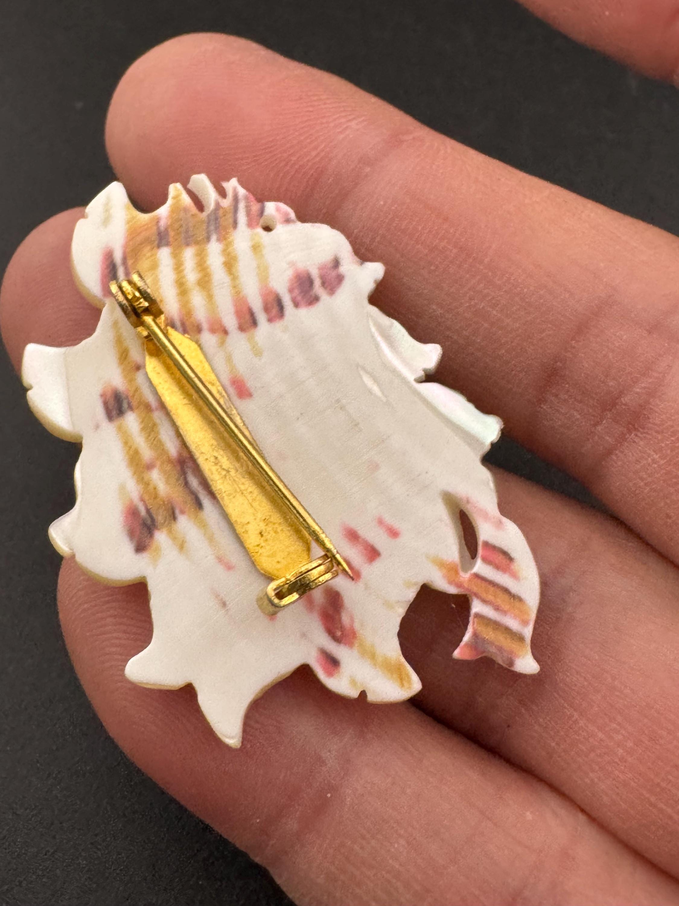 Vintage MOP carved cut Mother of Pearl floral rose Brooch