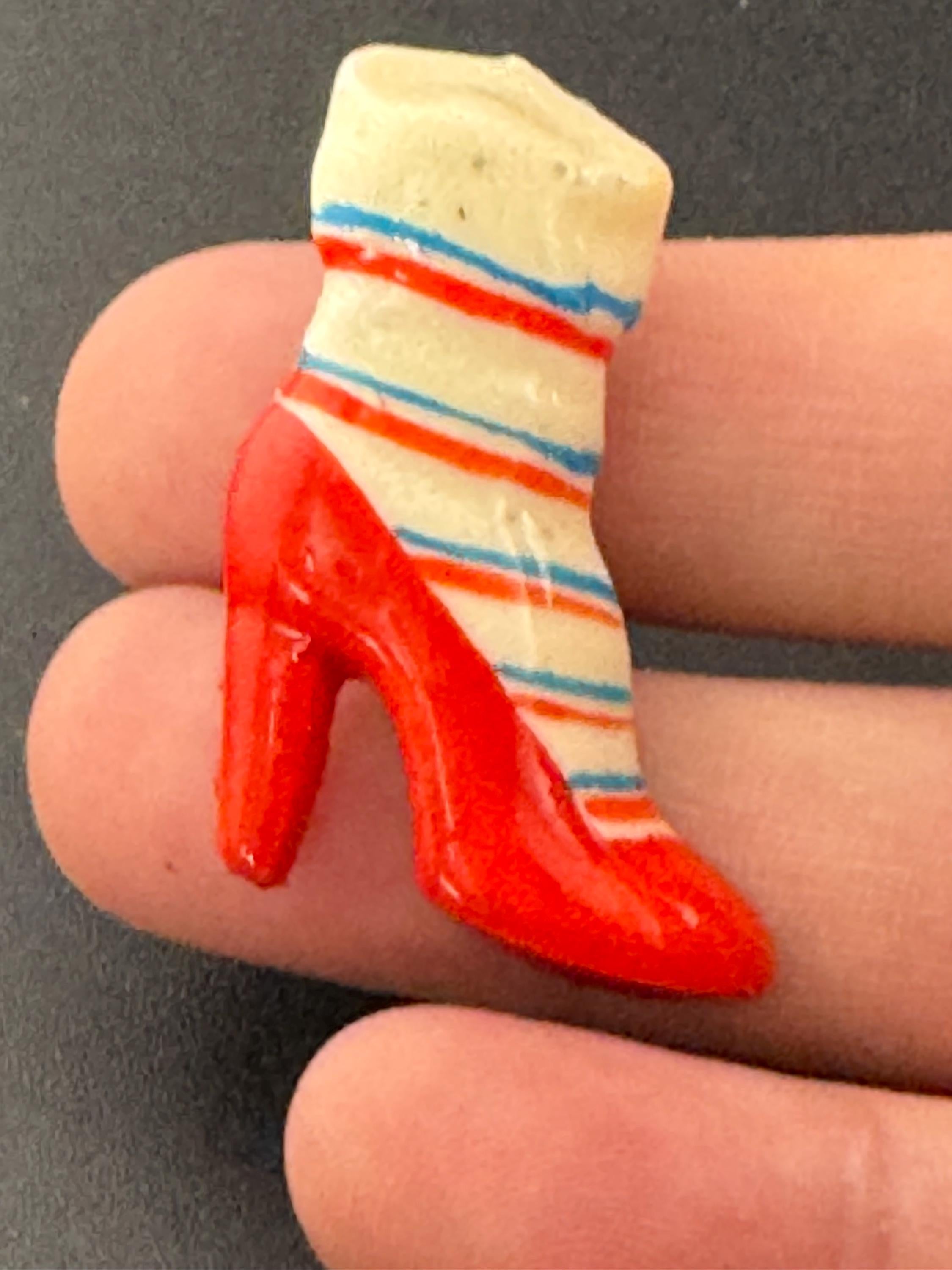Early Plastic vintage bright red pair high heeled shoe brooch pin 1950s Antique Vintage celluloid Kitsch