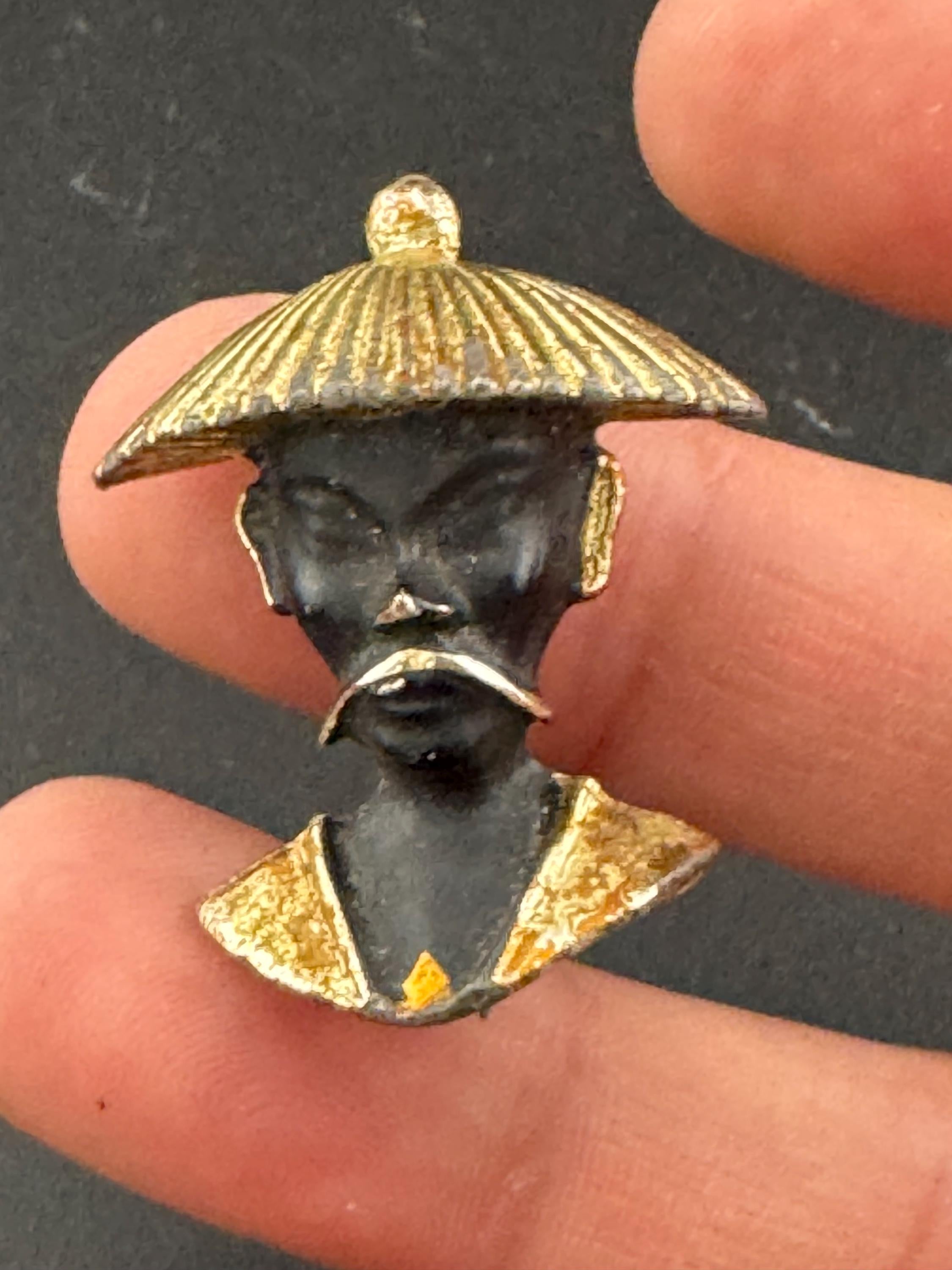 Vintage Gold Tone Far Eastern Chinese man brooch in Black Enamel