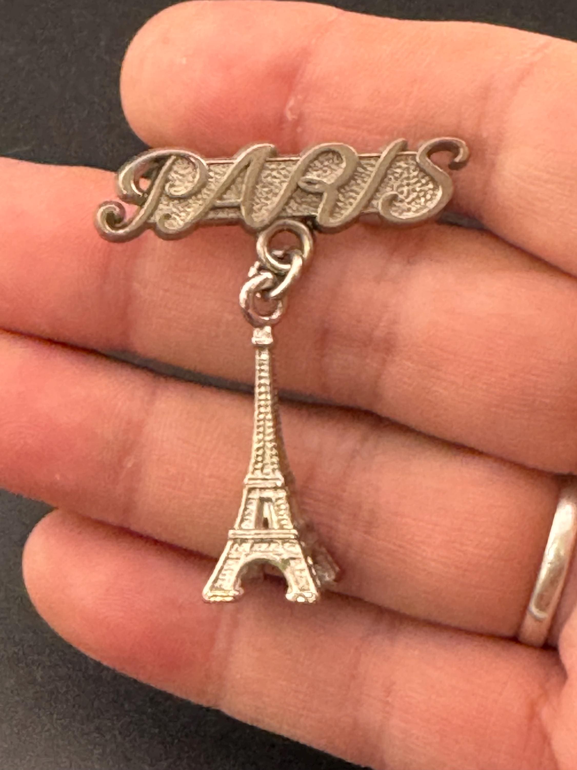 vintage silver tone Eiffel Tower PARIS French tourist brooch mid century