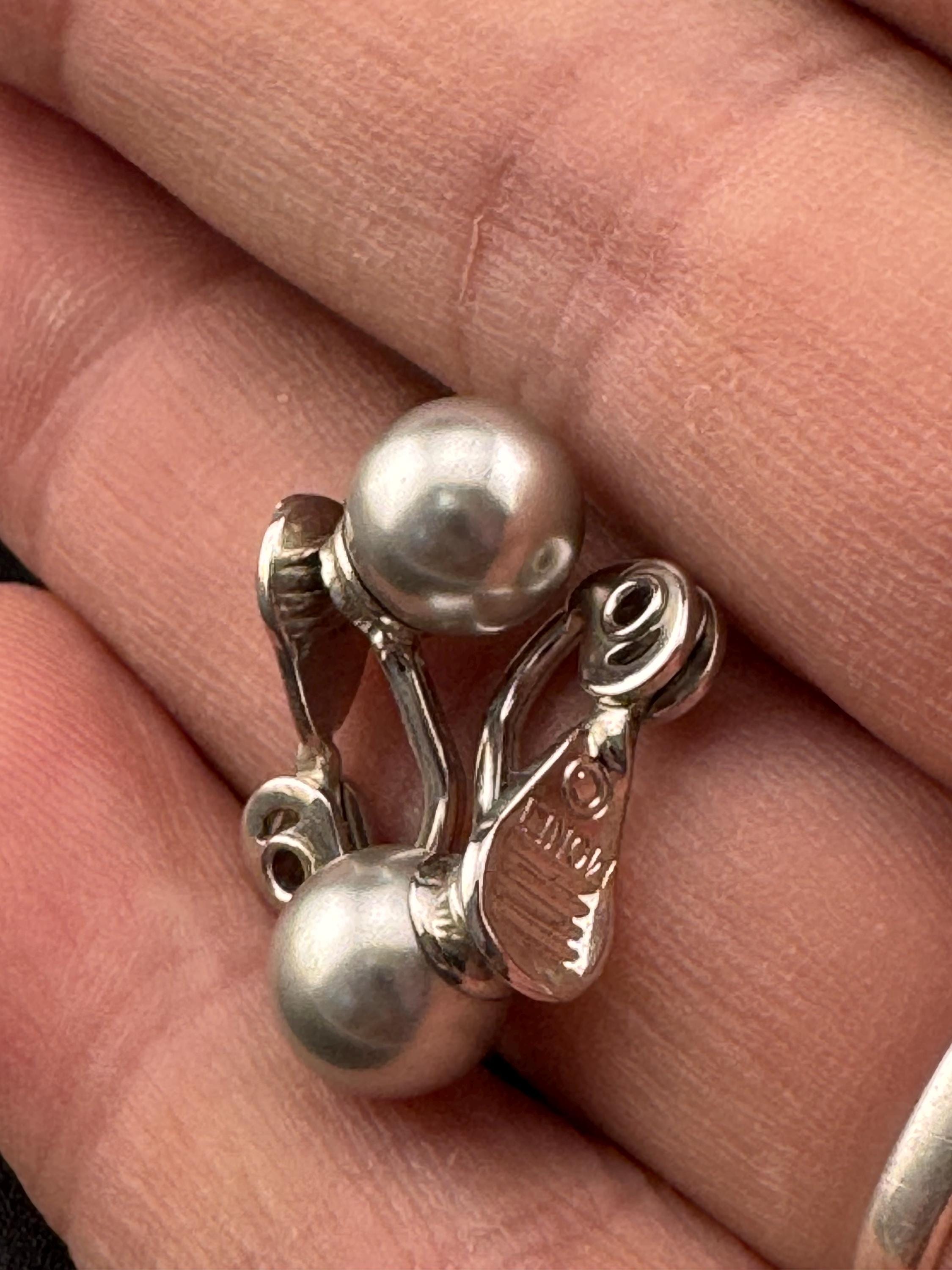 Vintage signed Monet faux grey pearl silver tone 22ct triple white gold plated ball stud clip on earrings 7mm