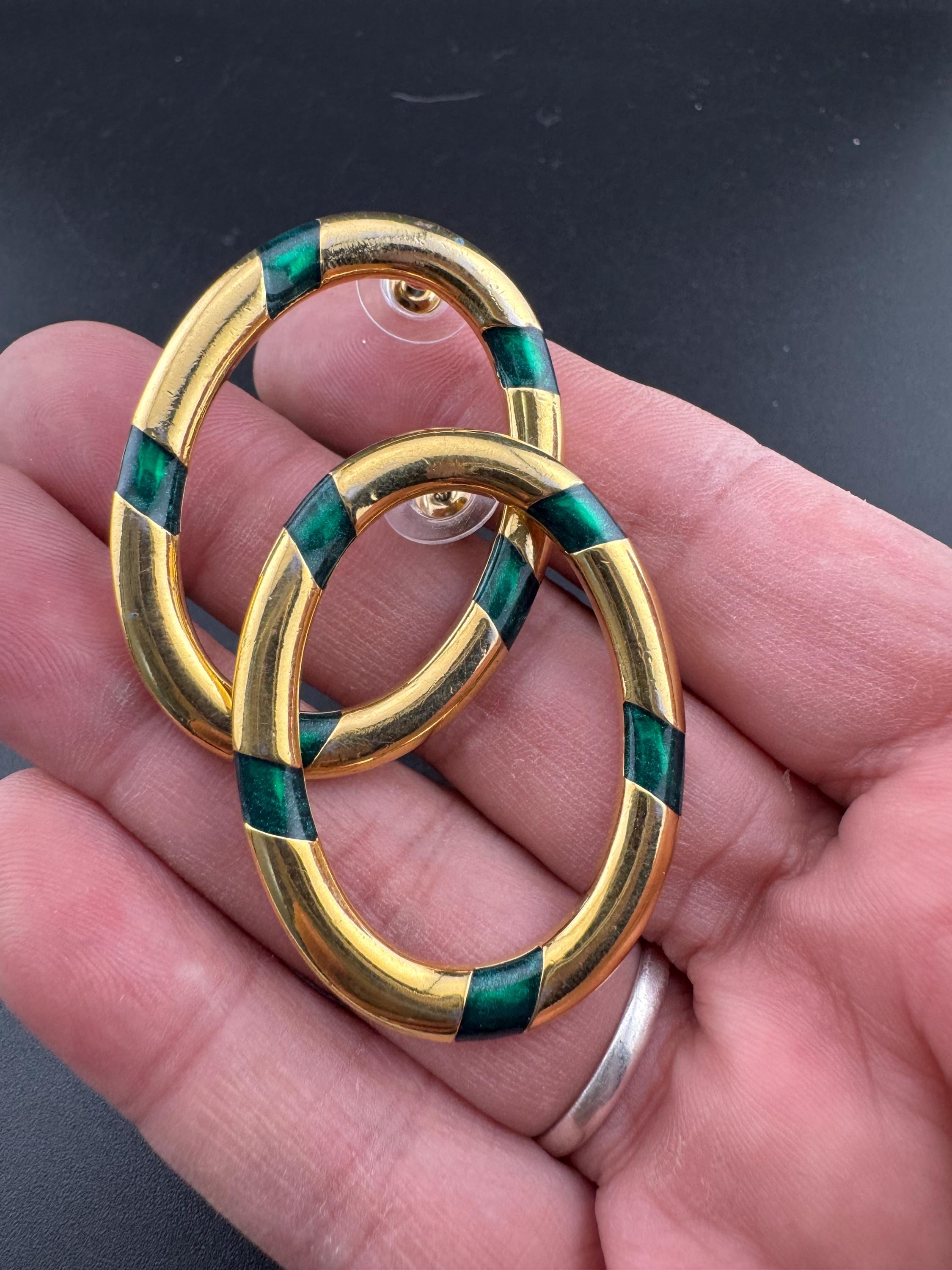 Signed BG Bergdorf Goodman Vintage gold tone green enamel stud oval loop earrings