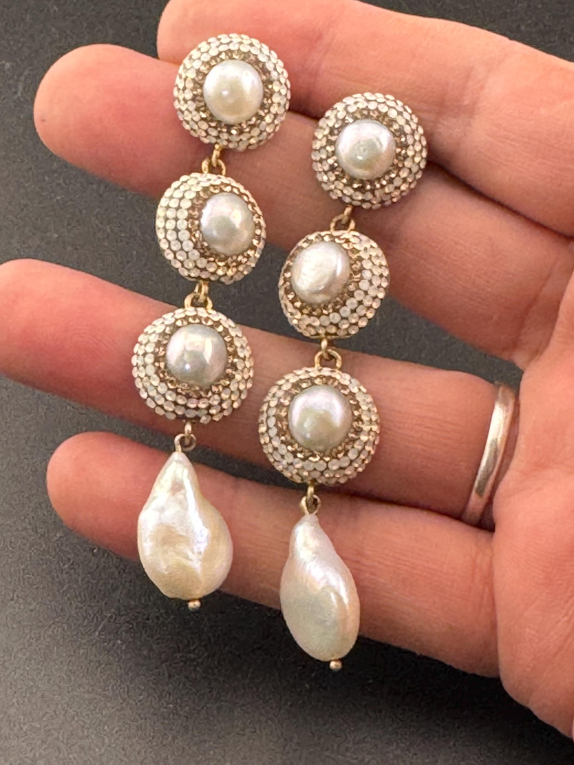 signed SORU High end designer 925 silver gilt baroque pearl and diamanté 7cm faux pearl drop earrings