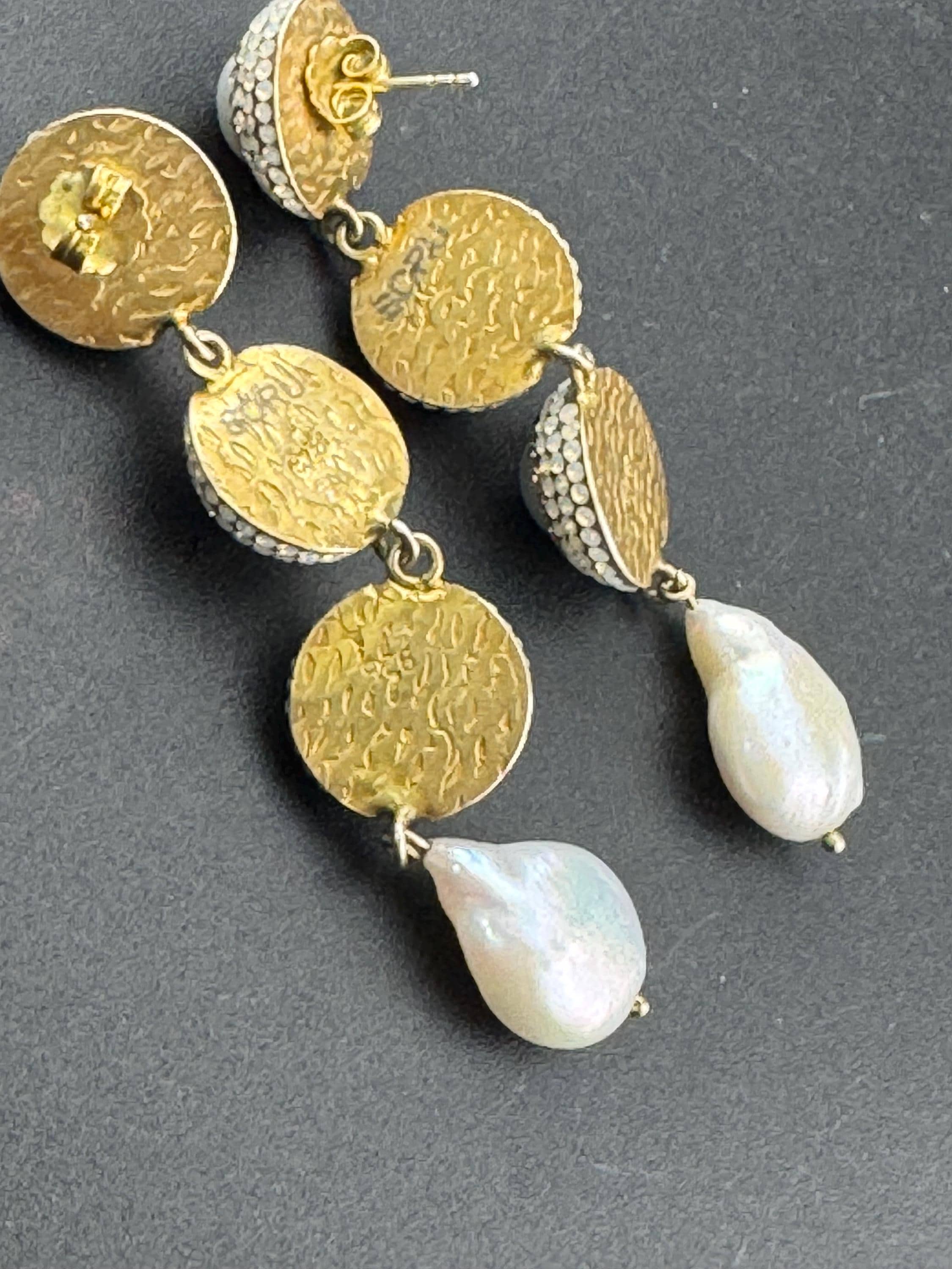 signed SORU High end designer 925 silver gilt baroque pearl and diamanté 7cm faux pearl drop earrings