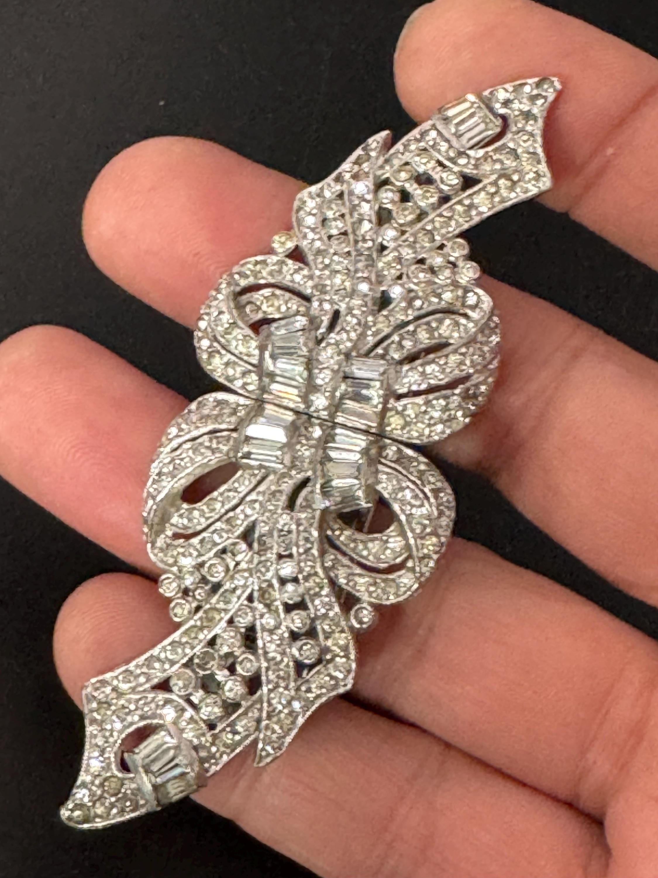 Vintage pair of rhinestone Dress Clips Combination Brooch, duette clip in Silver chrome metal Art Deco
