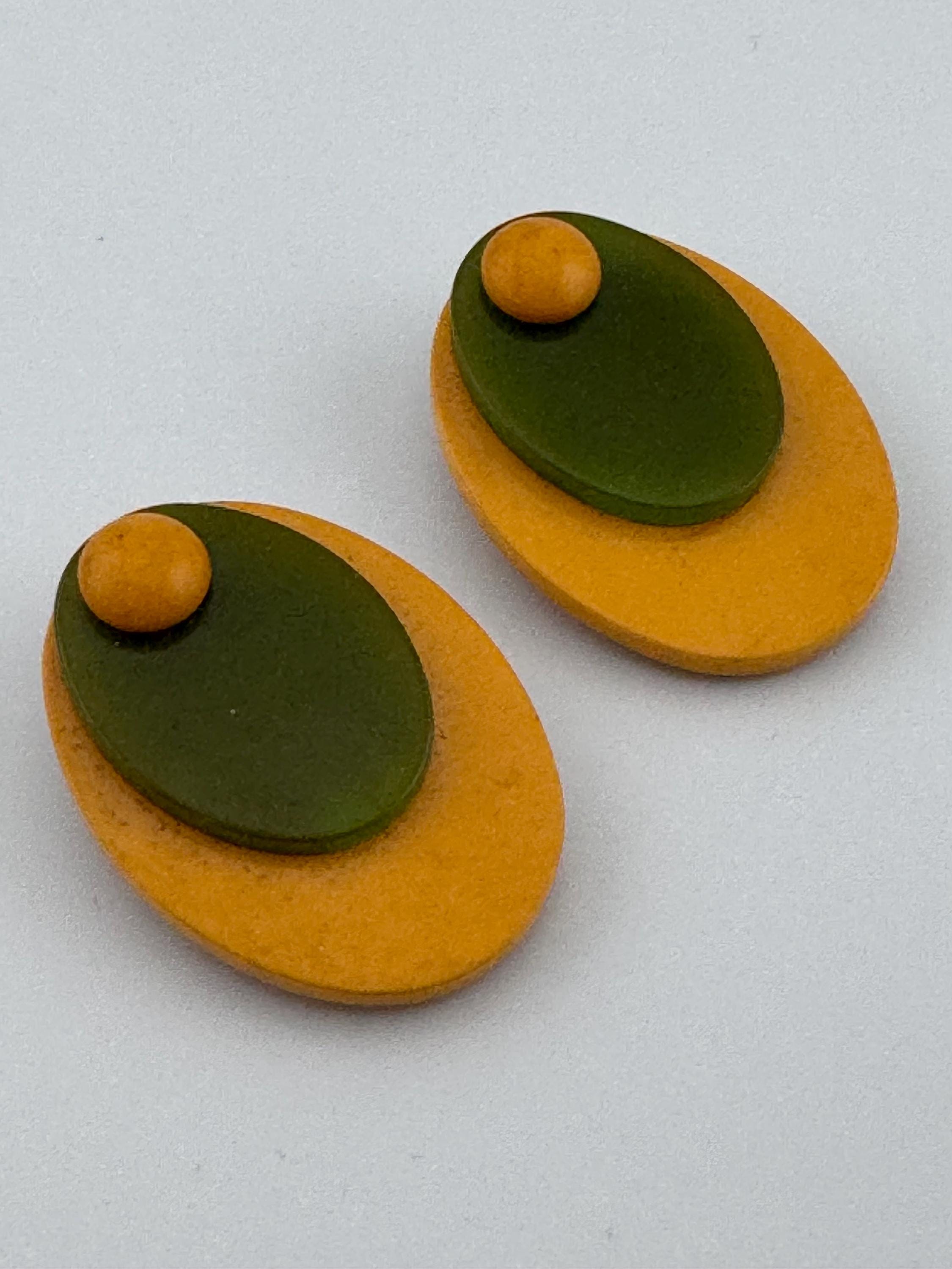 Vintage French Galalith Dress Clips: Mustard Yellow & Olive Green Pair