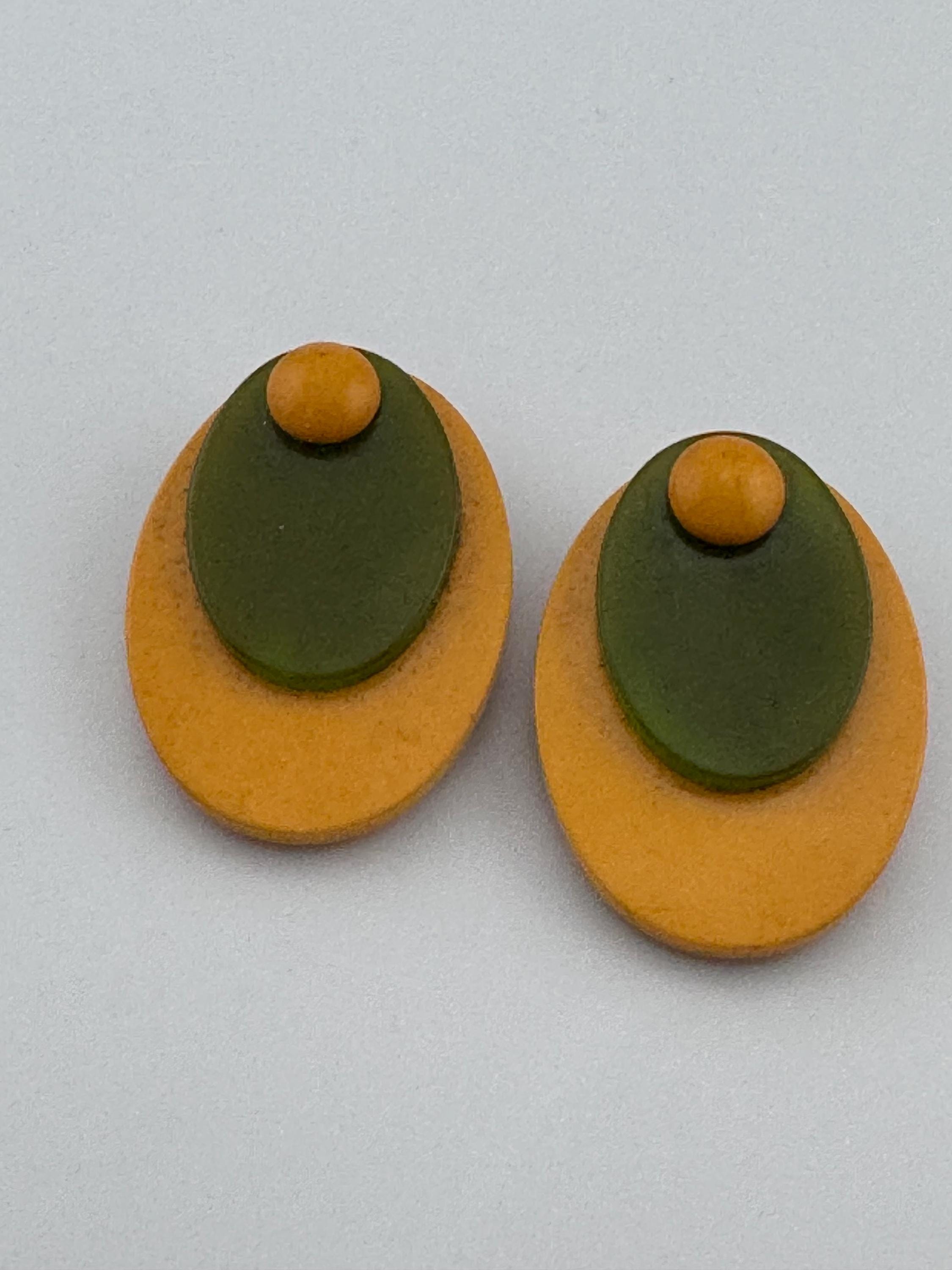 Vintage French Galalith Dress Clips: Mustard Yellow & Olive Green Pair