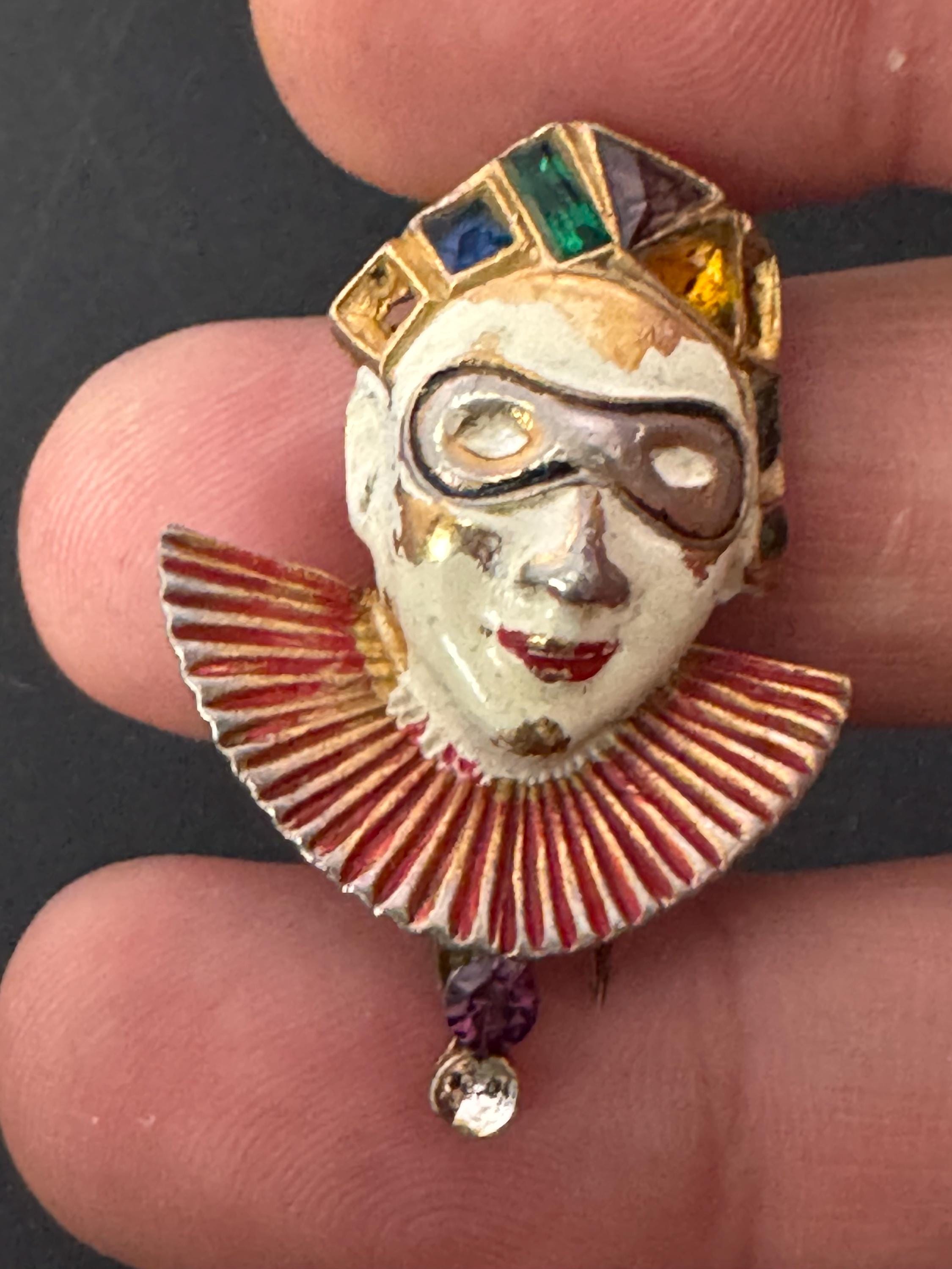 Novelty harlequin clown fur clip, Art deco era enamel on brass Early 1930s 1940s faux furs