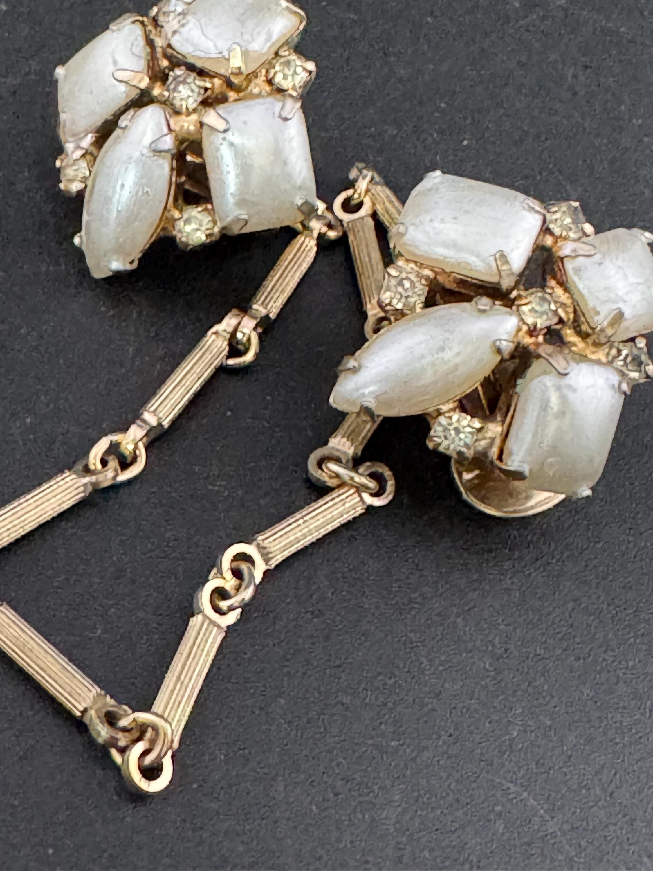 Rectangular face pearl and rhinestone vintage double gold tone mid century metal sweater guards jumper cloak clips