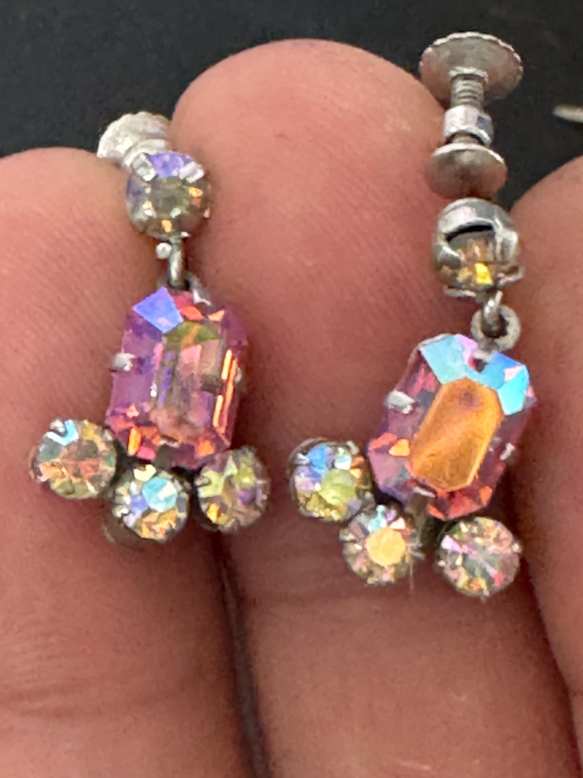 Vintage pink AB Rhinestone Diamanté Clip On drop Earrings Mid Century