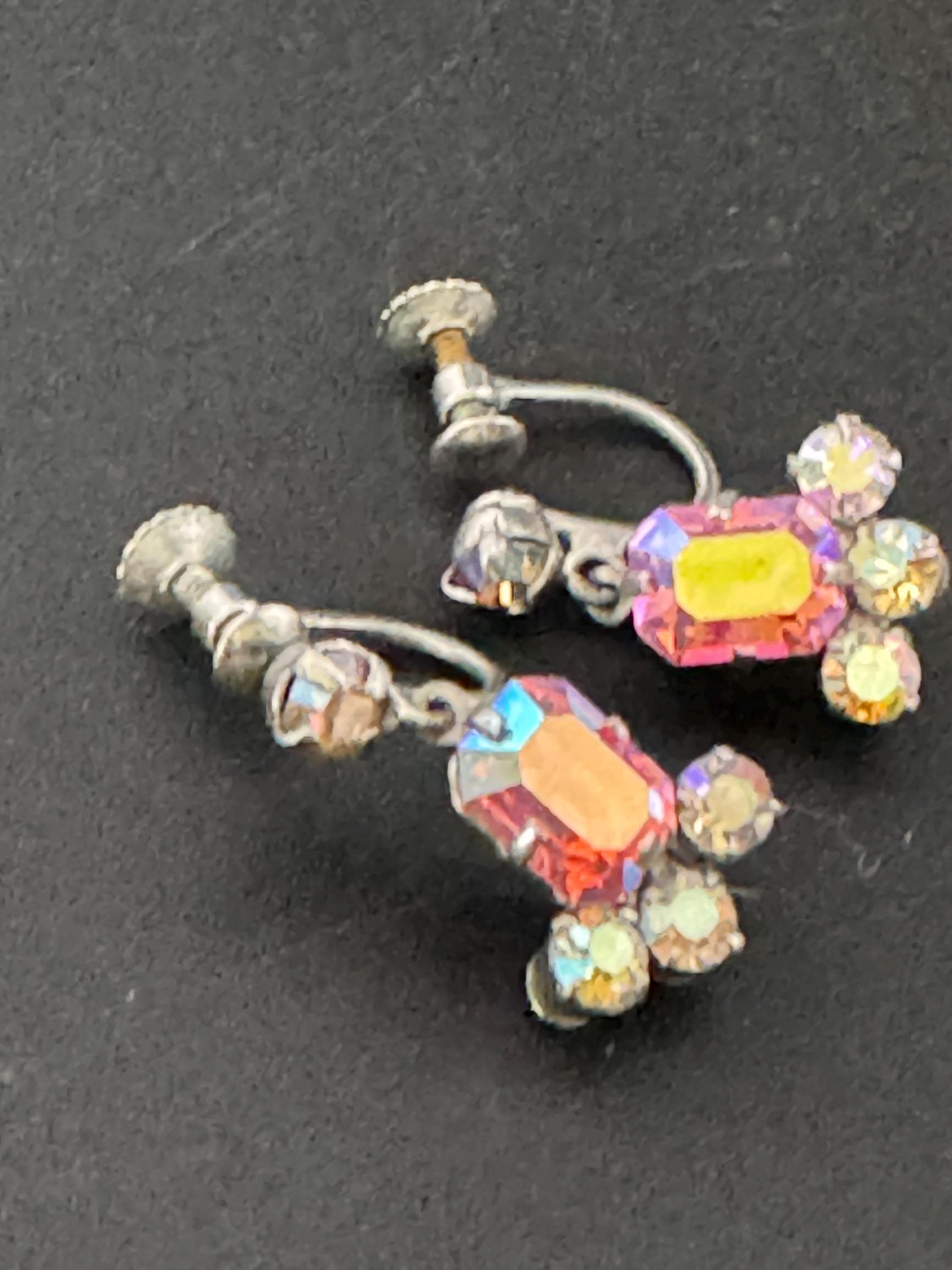 Vintage pink AB Rhinestone Diamanté Clip On drop Earrings Mid Century