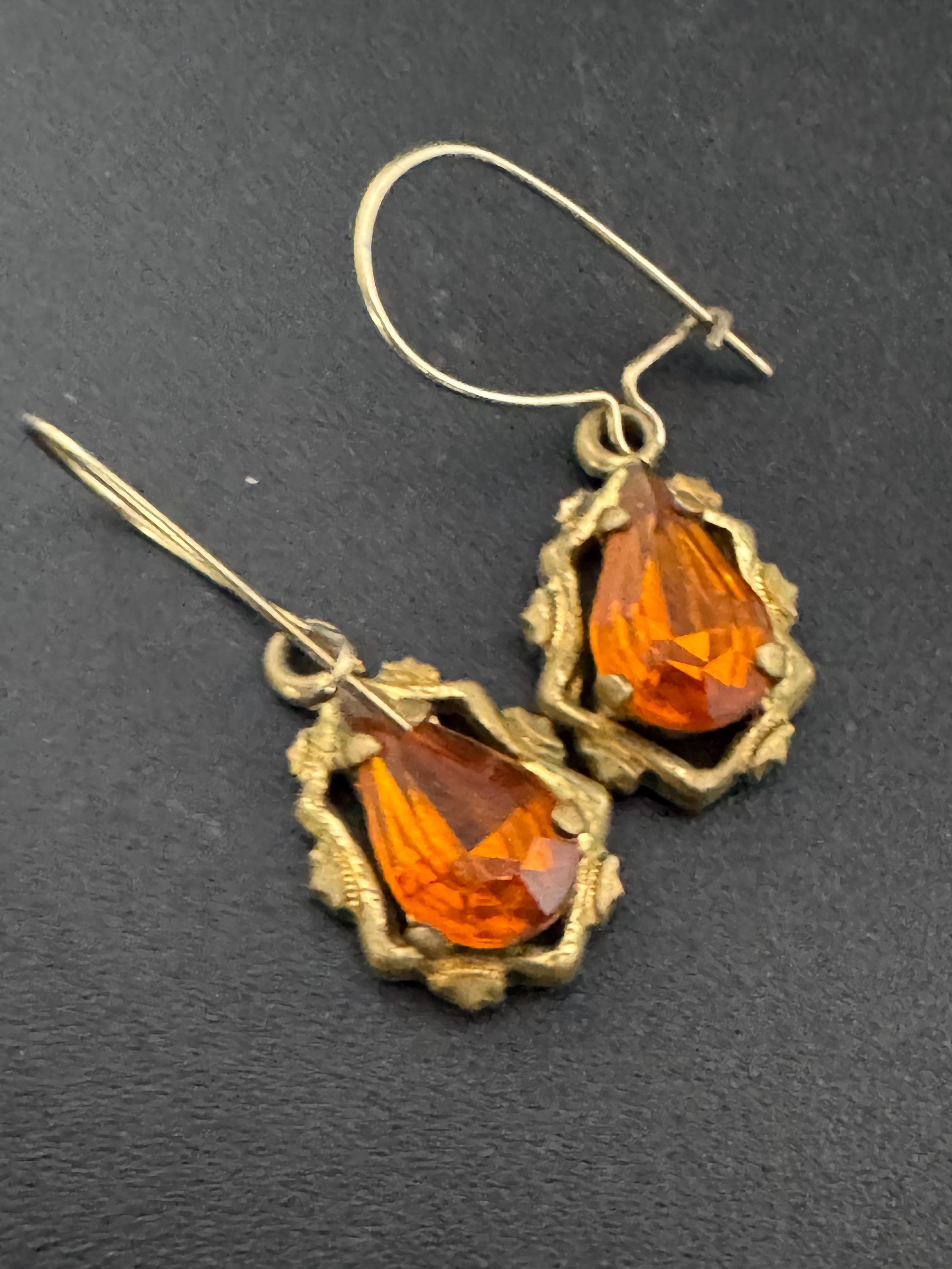 Rolled Gold Amber Glass Teardrop Clip On Earrings