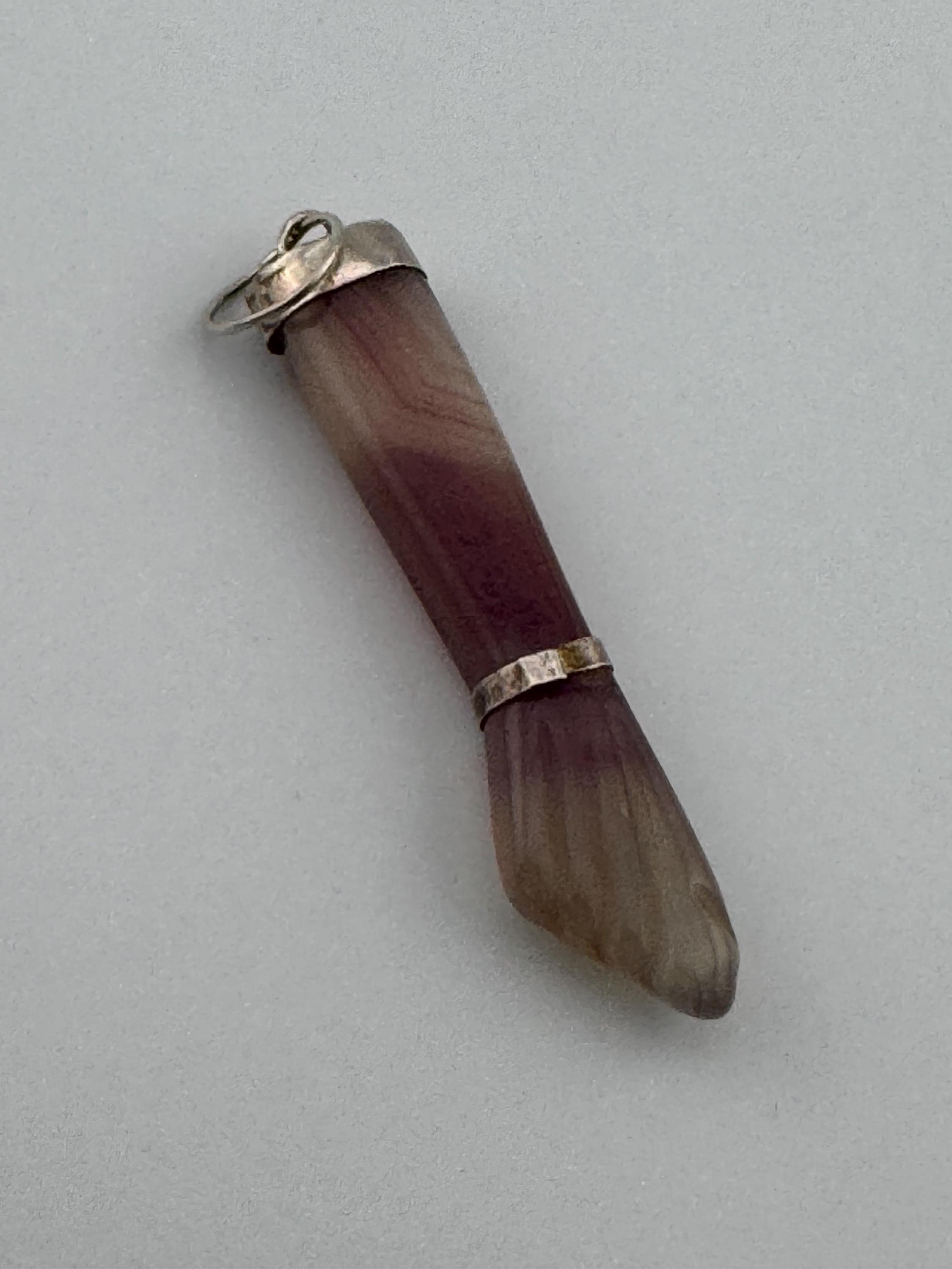 vintage carved amethyst gemstone long figa fist hand pendant see in silver white metal