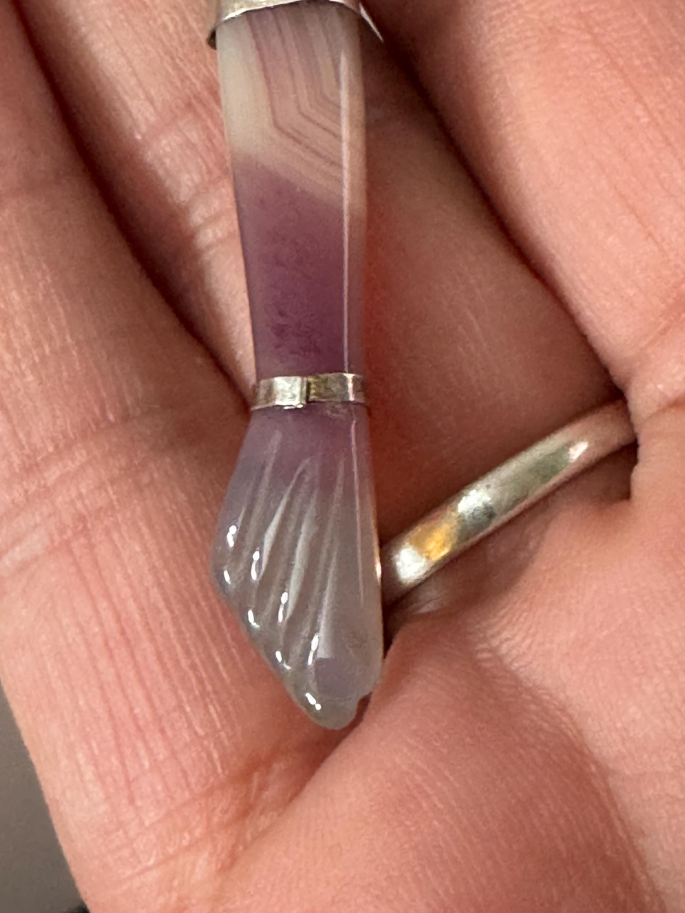 vintage carved amethyst gemstone long figa fist hand pendant see in silver white metal