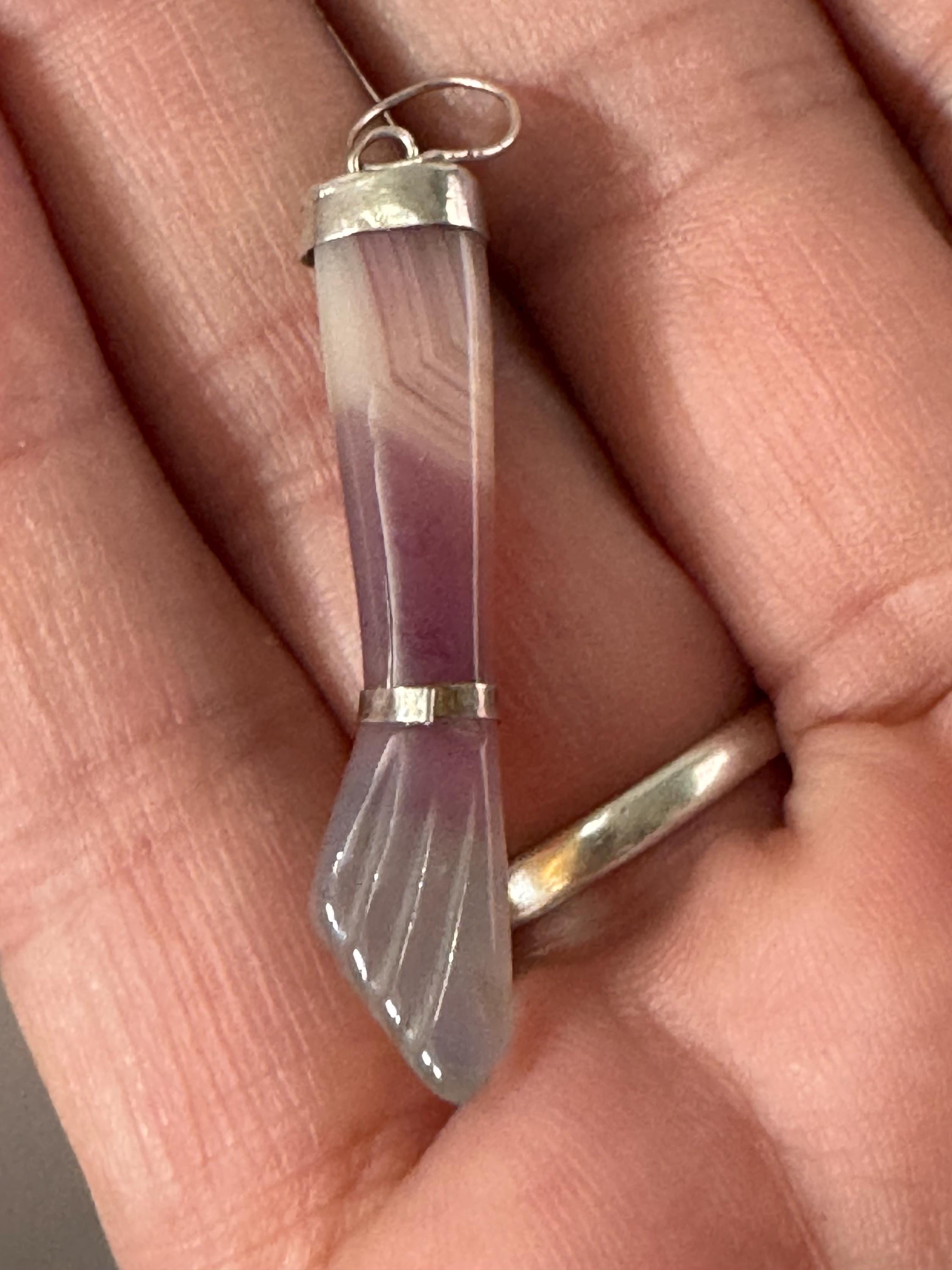 vintage carved amethyst gemstone long figa fist hand pendant see in silver white metal