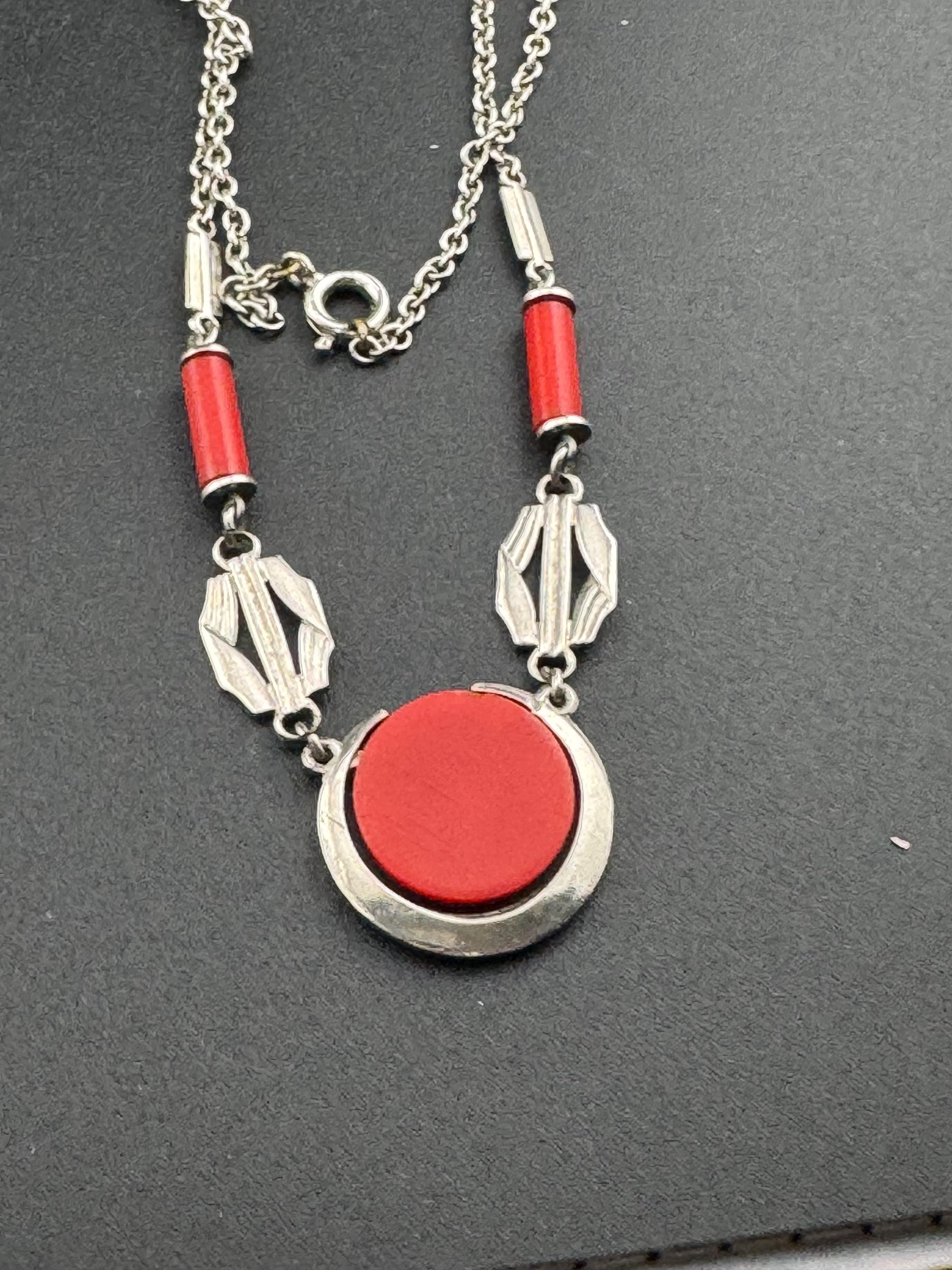 Art Deco Mid century Modernist silver chrome and galalith red Bakelite early plastic necklace Jakob Bengal style 1920s 1930s 1940s