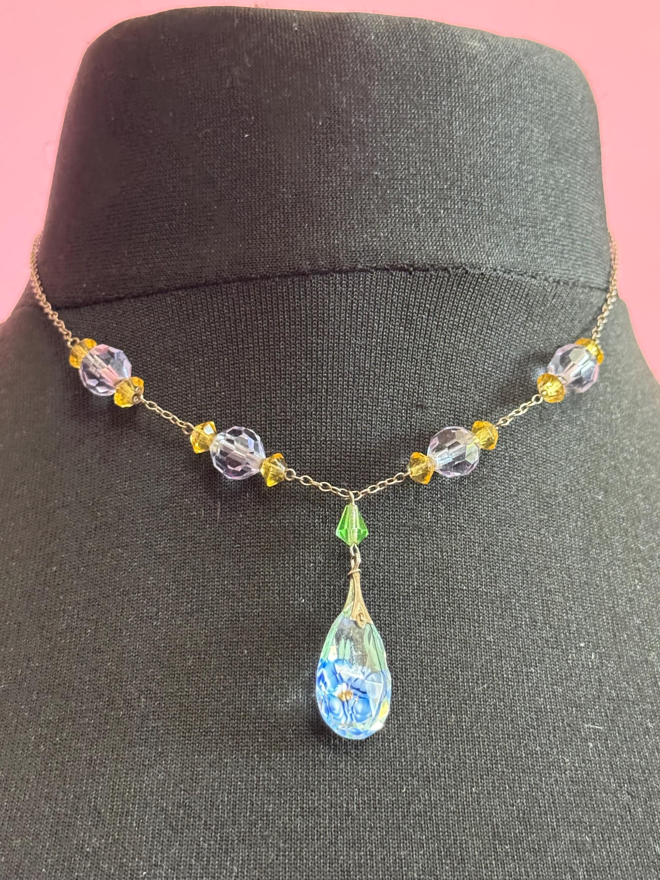 Art Deco 925 silver signed JbS lilac and citrine crystal clear diamante drop pendant necklace with floral reverse painted teardrop