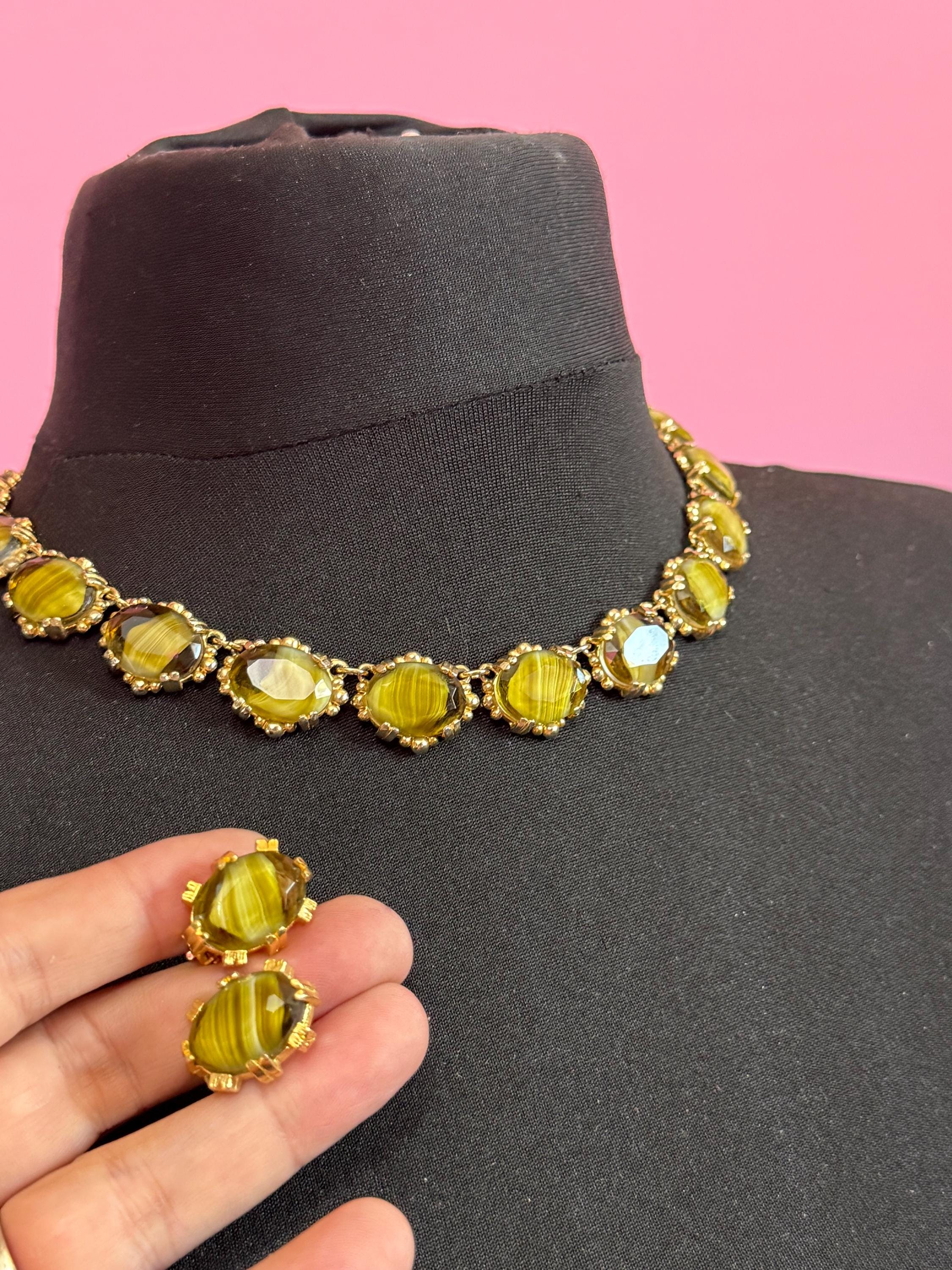 Vintage olive brown marbled glass cabochon necklace and matching earring set mid century