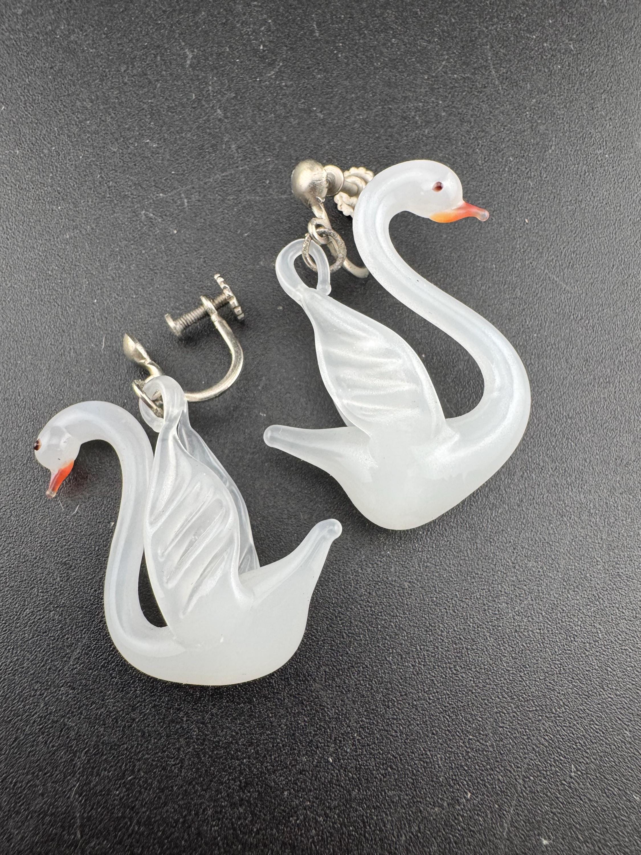 Vintage 1960s glass blown milky white opaque glass swan clip on earrings on screw back fittings