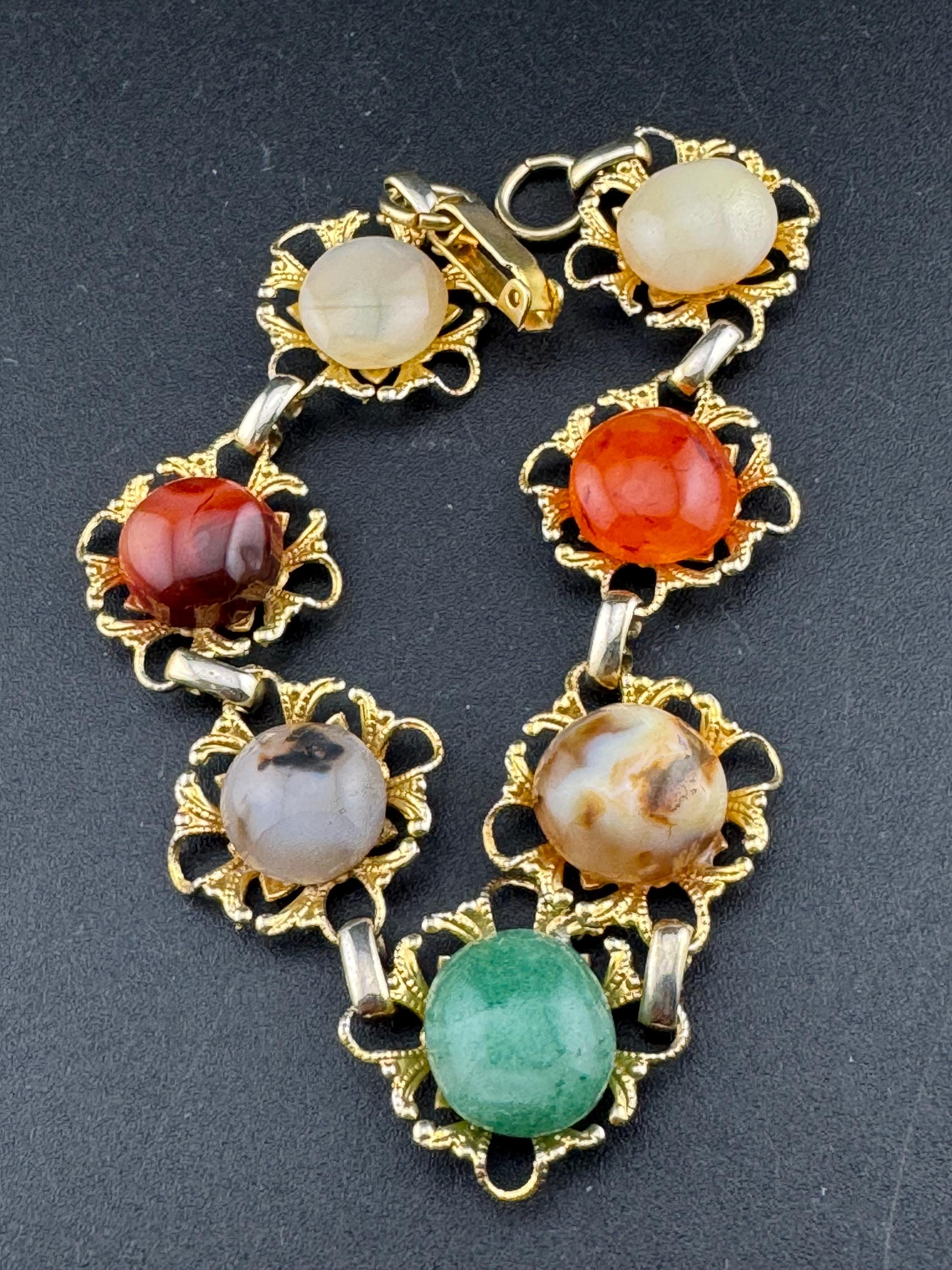 Vintage Agate Panel Link gold tone metal gemstone cabochon bracelet 1960s 1970s