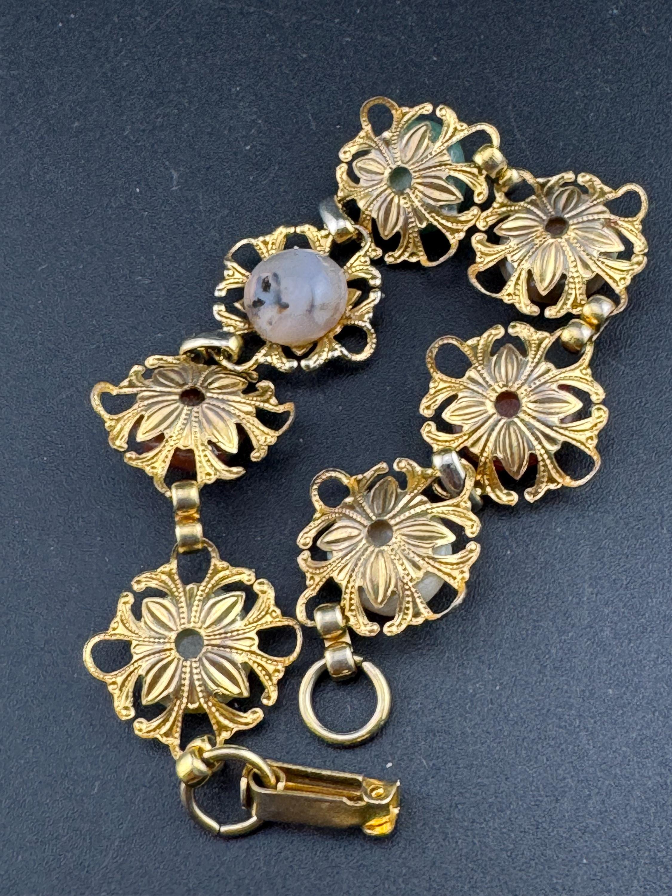 Vintage Agate Panel Link gold tone metal gemstone cabochon bracelet 1960s 1970s