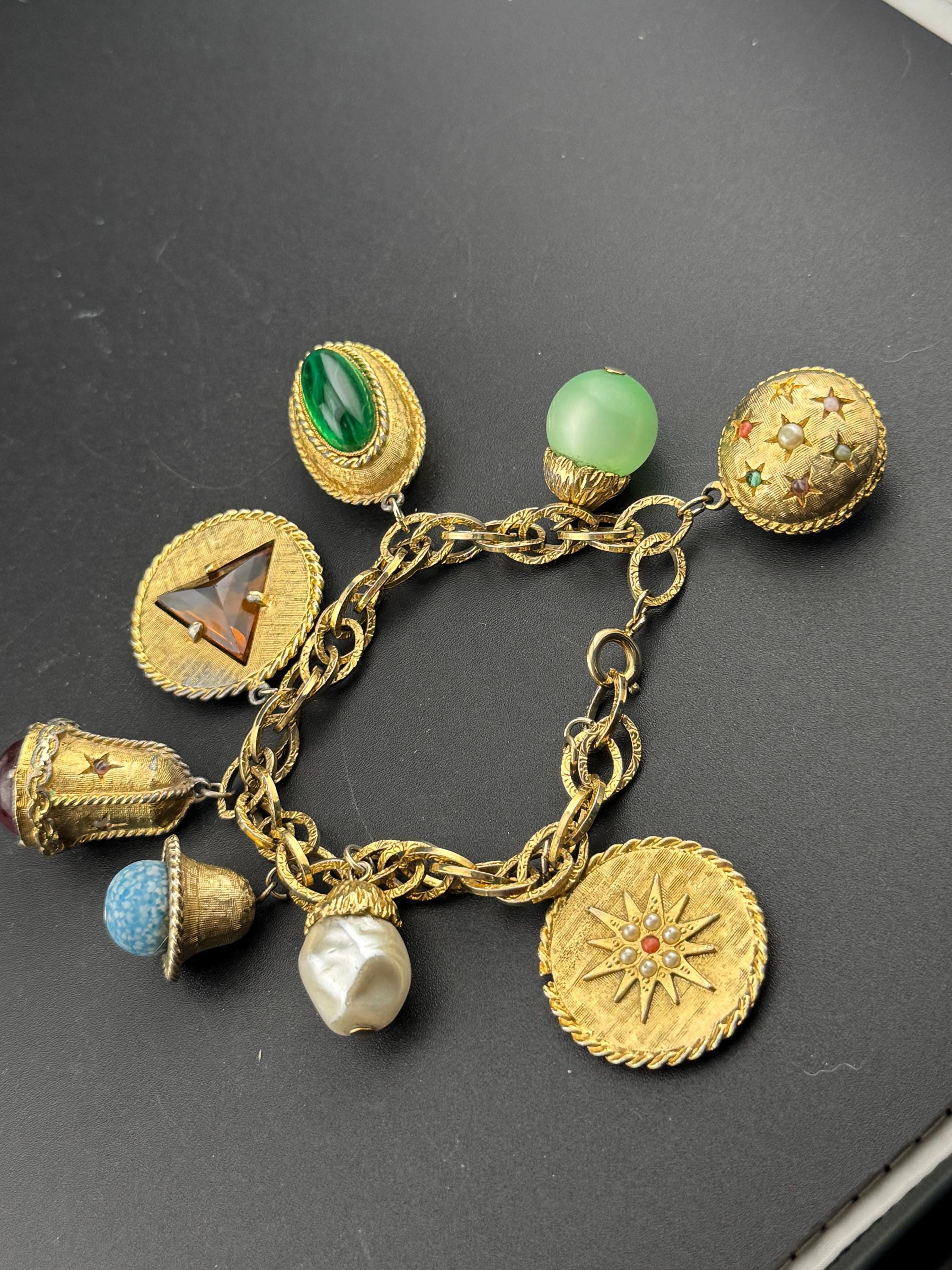 As found Vintage Gold tone chain link chunky charm bracelet 1960s 1970s Etruscan