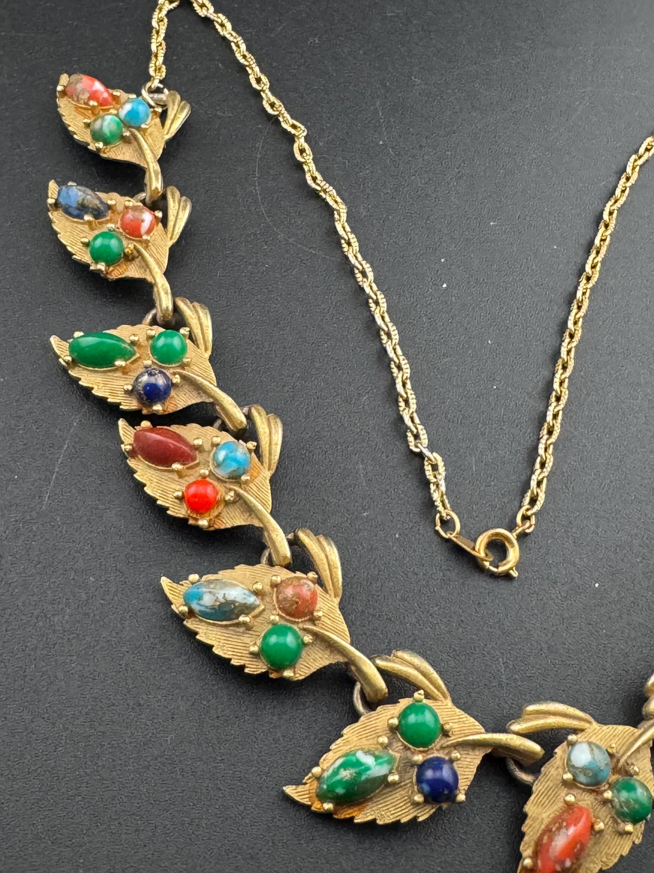 Vintage gold tone mid century faux gemstone set modernist panel link necklace 48cm