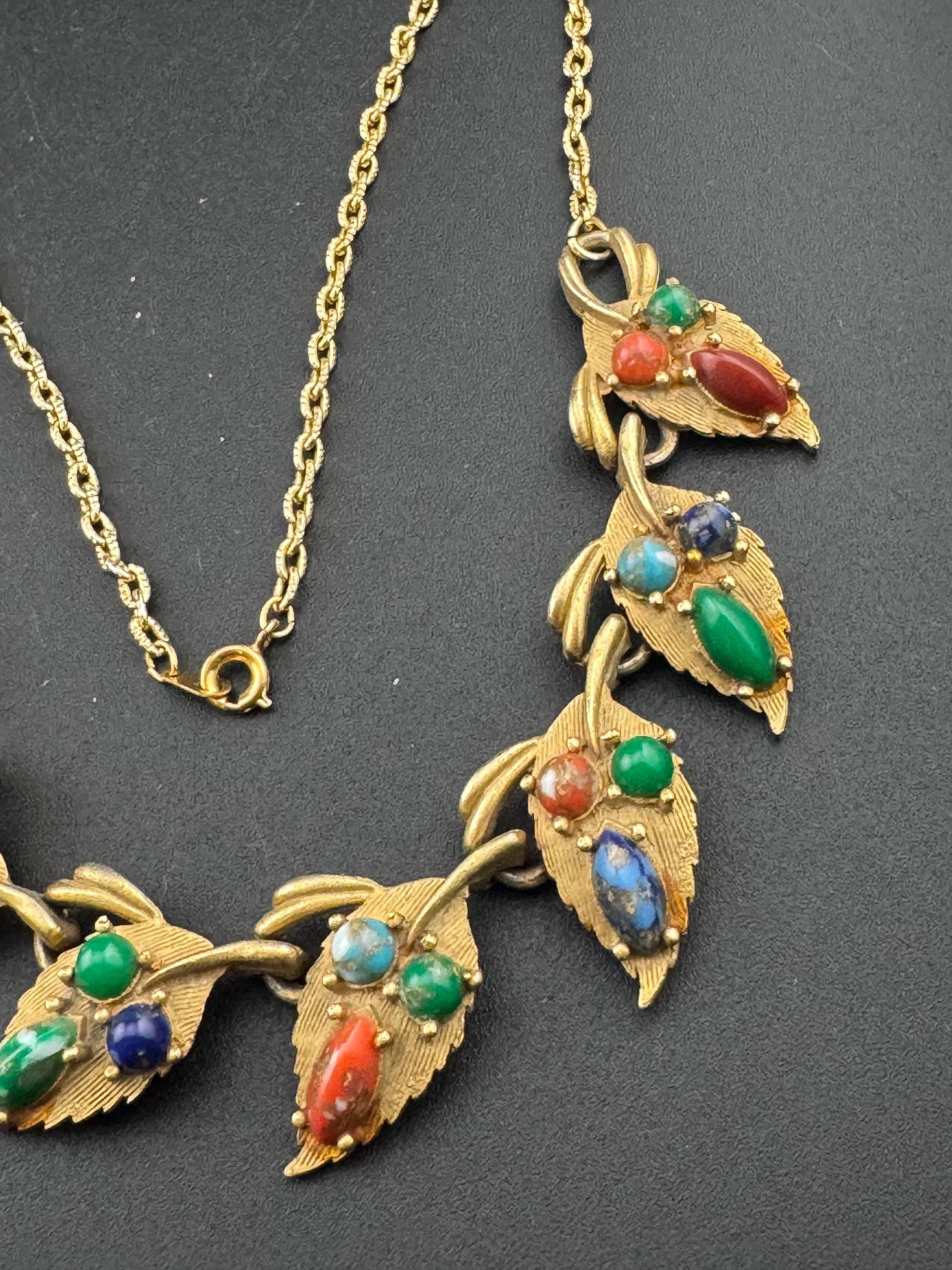 Vintage gold tone mid century faux gemstone set modernist panel link necklace 48cm
