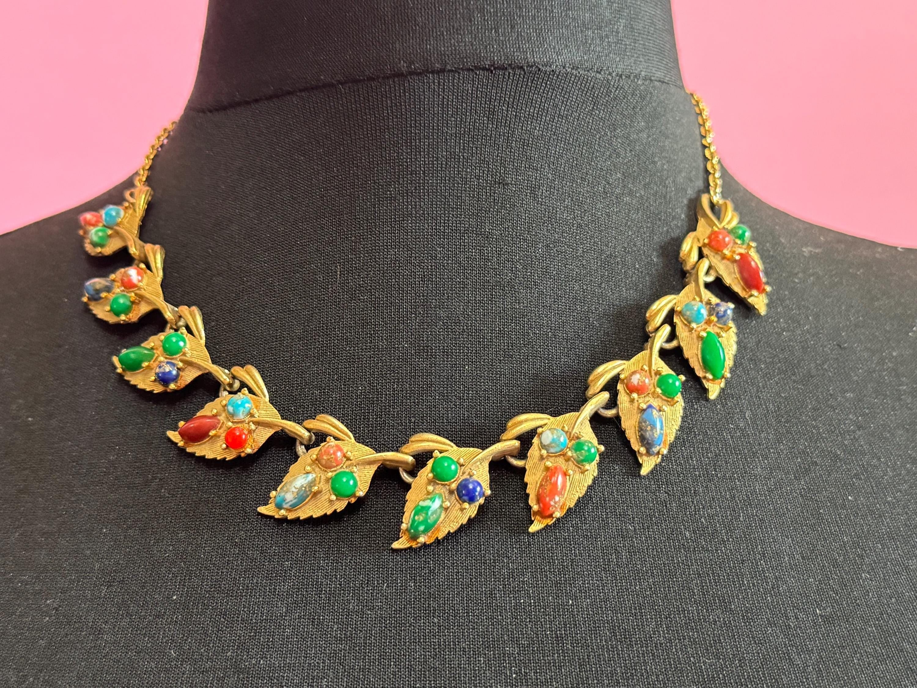 Vintage gold tone mid century faux gemstone set modernist panel link necklace 48cm