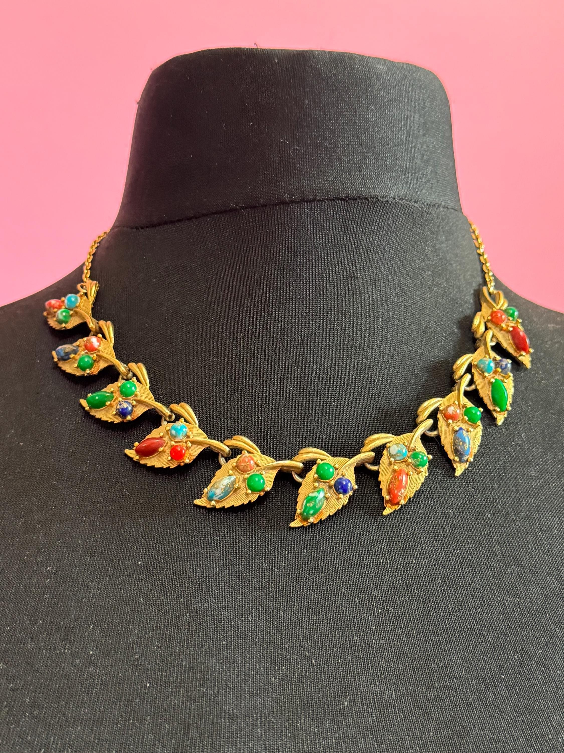 Vintage gold tone mid century faux gemstone set modernist panel link necklace 48cm