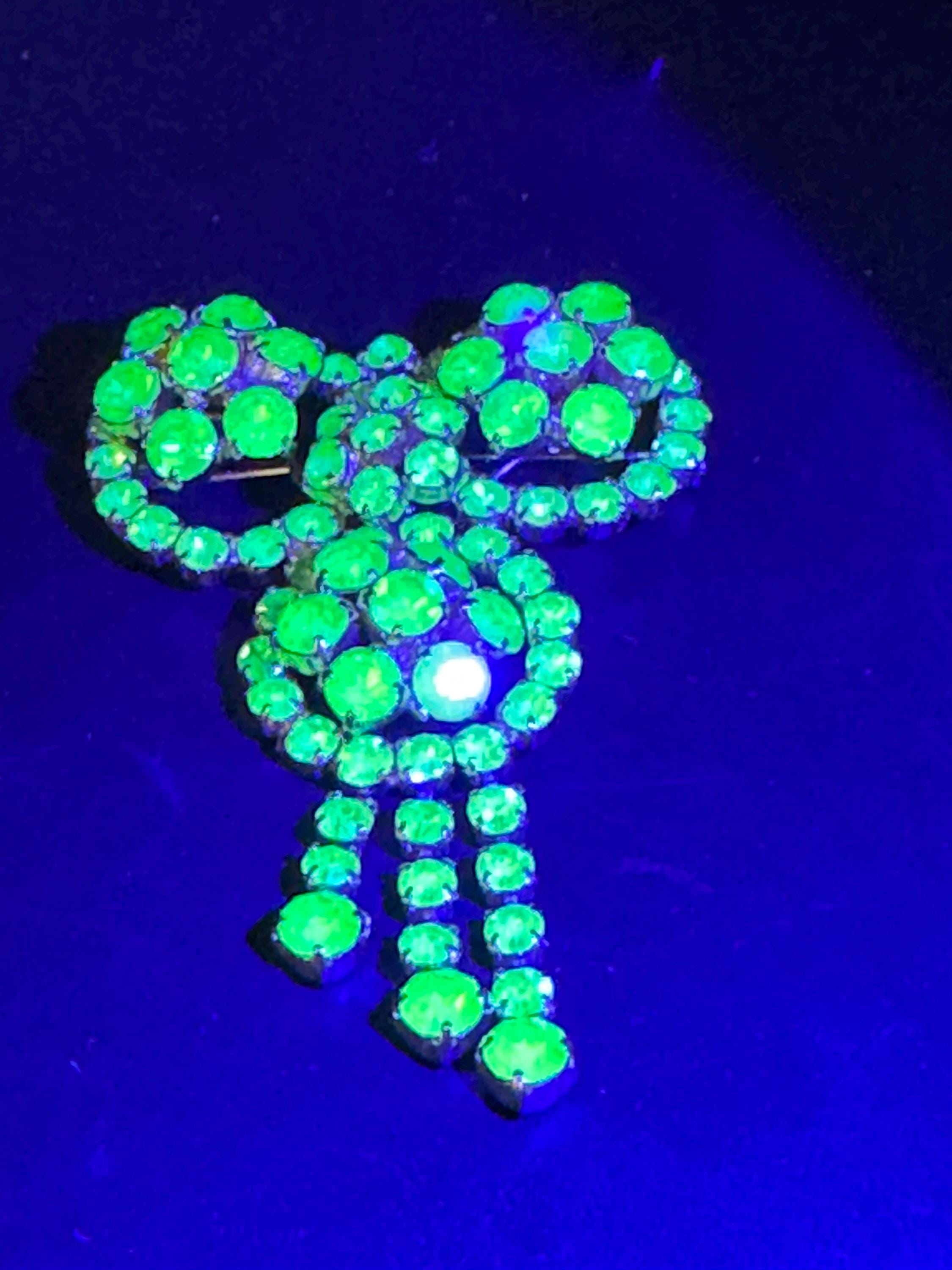 Oversized 9cm huge UV Uranium Glass gold tone emerald green rhinestone brooch 1950s