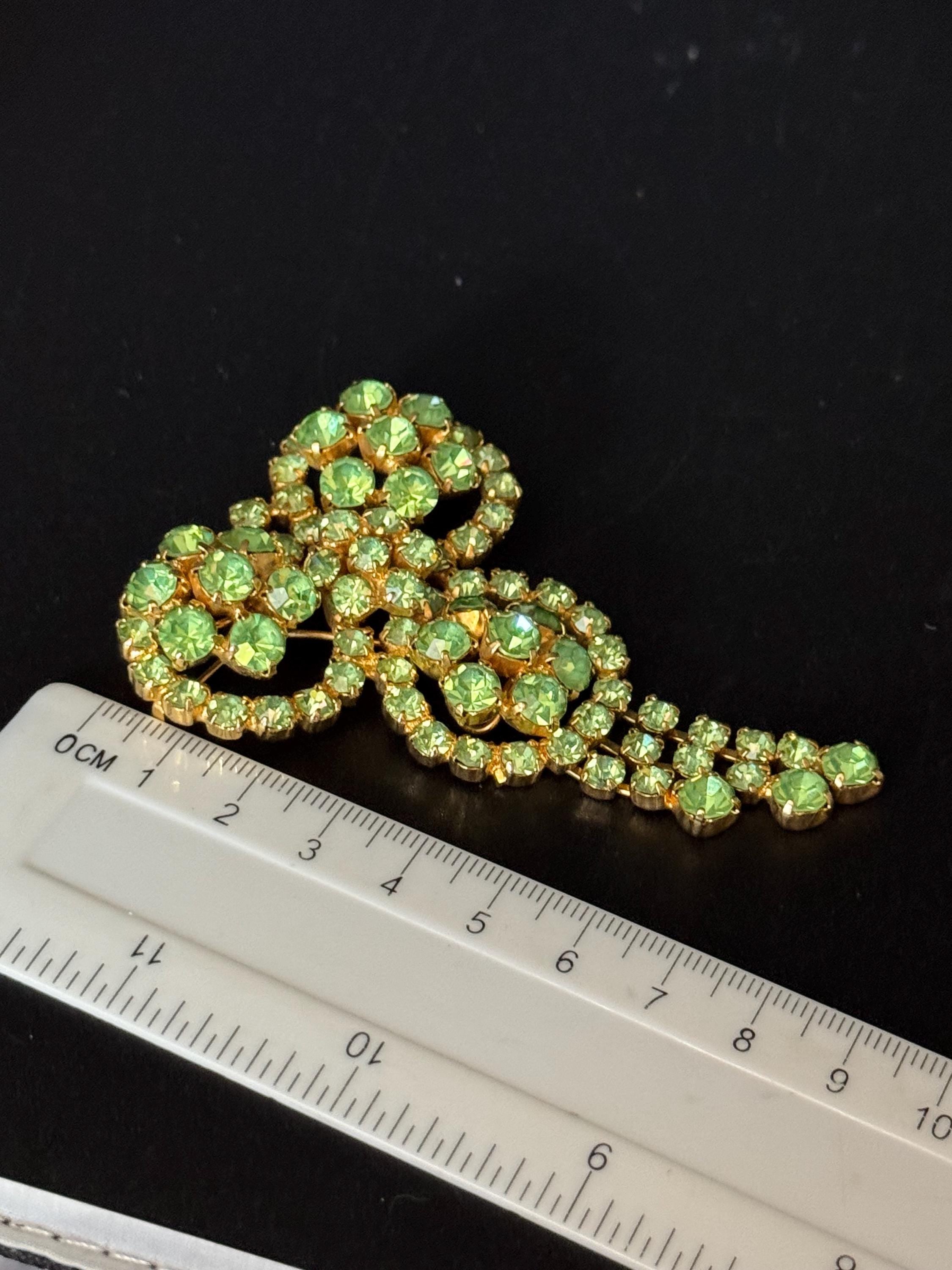 Oversized 9cm huge UV Uranium Glass gold tone emerald green rhinestone brooch 1950s