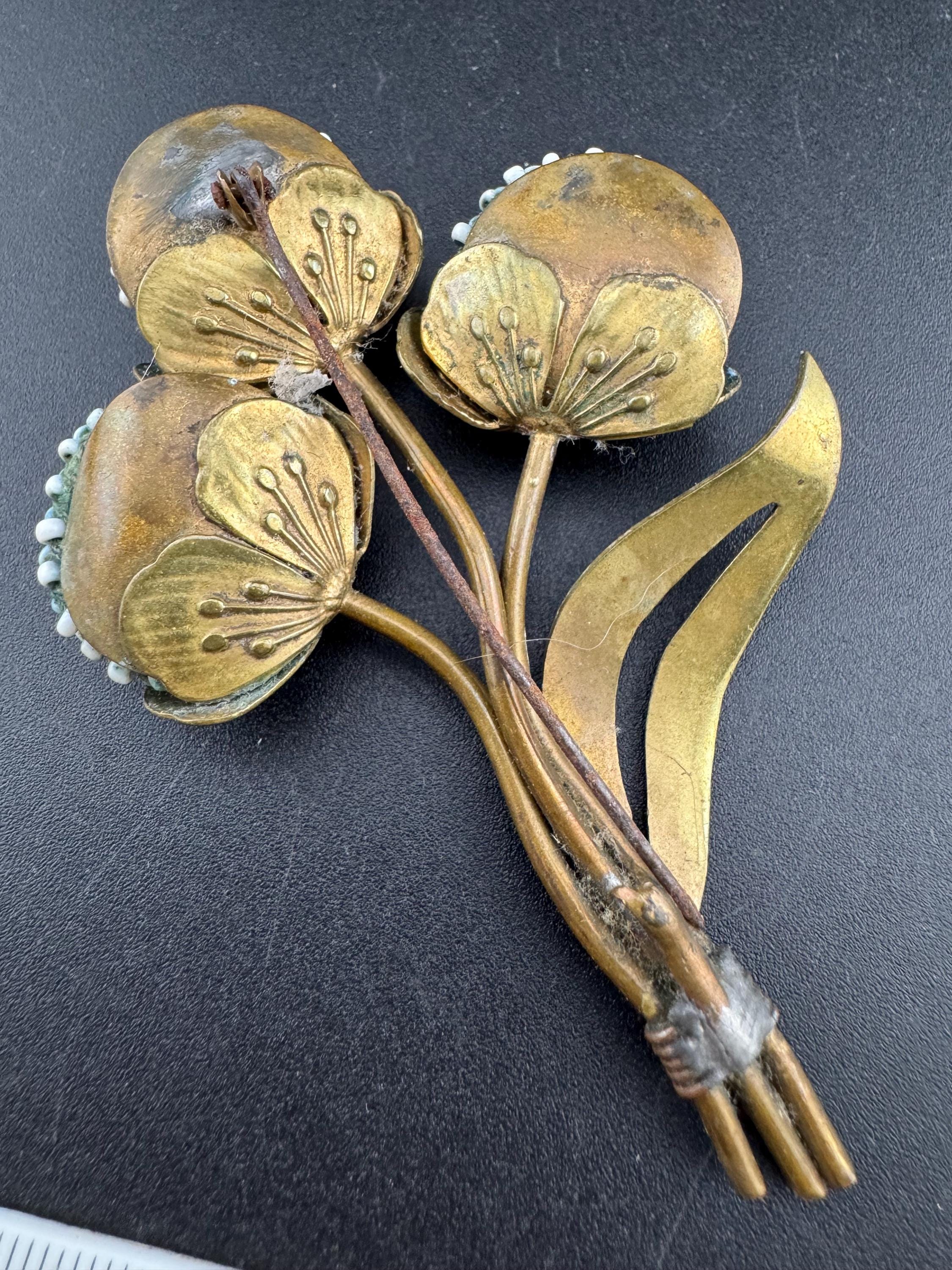 Xl large antique Brass floral brooch with soft blue beaded flower heads 1930s 9cm long, likely Czech /french