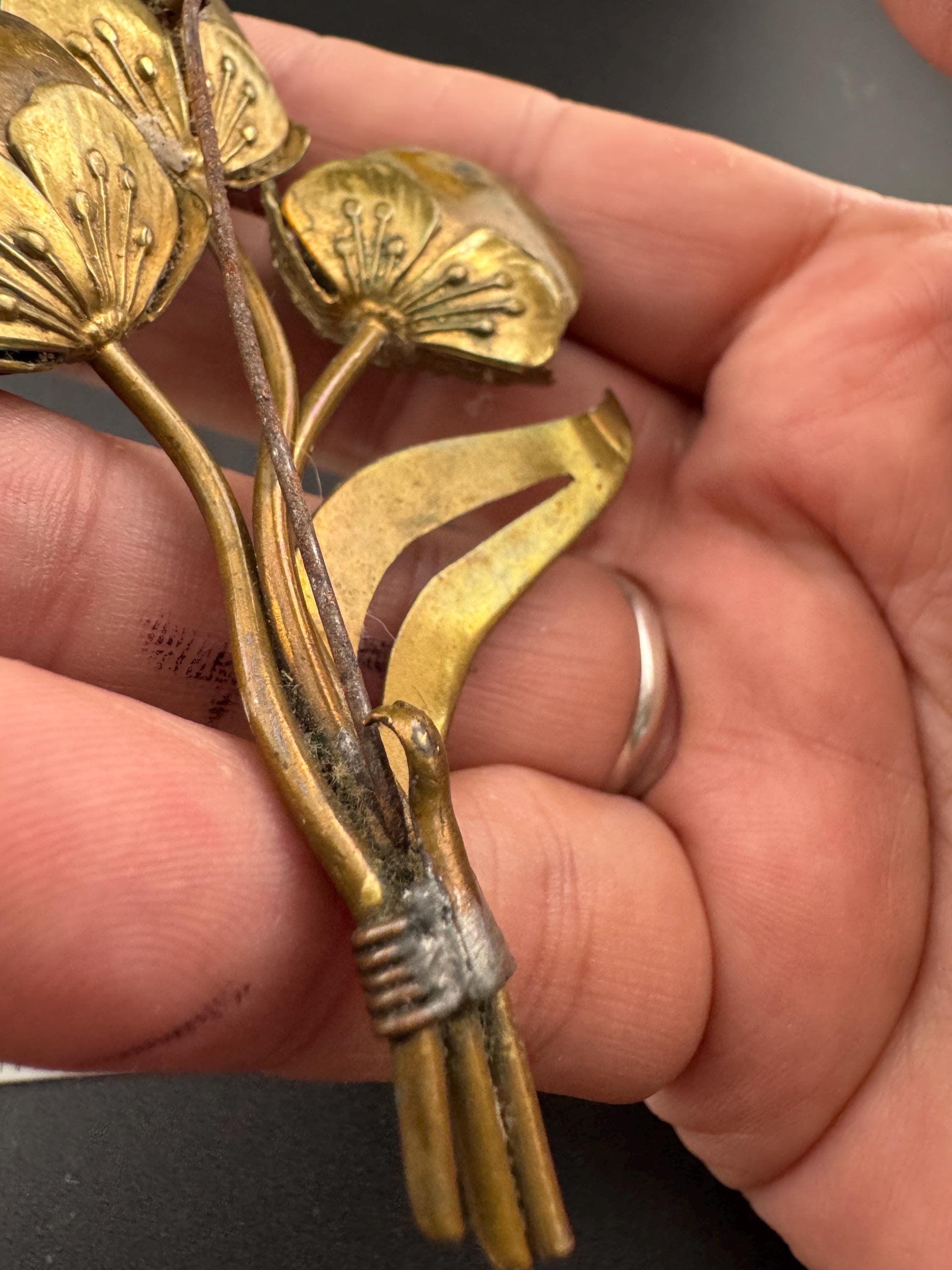 Xl large antique Brass floral brooch with soft blue beaded flower heads 1930s 9cm long, likely Czech /french