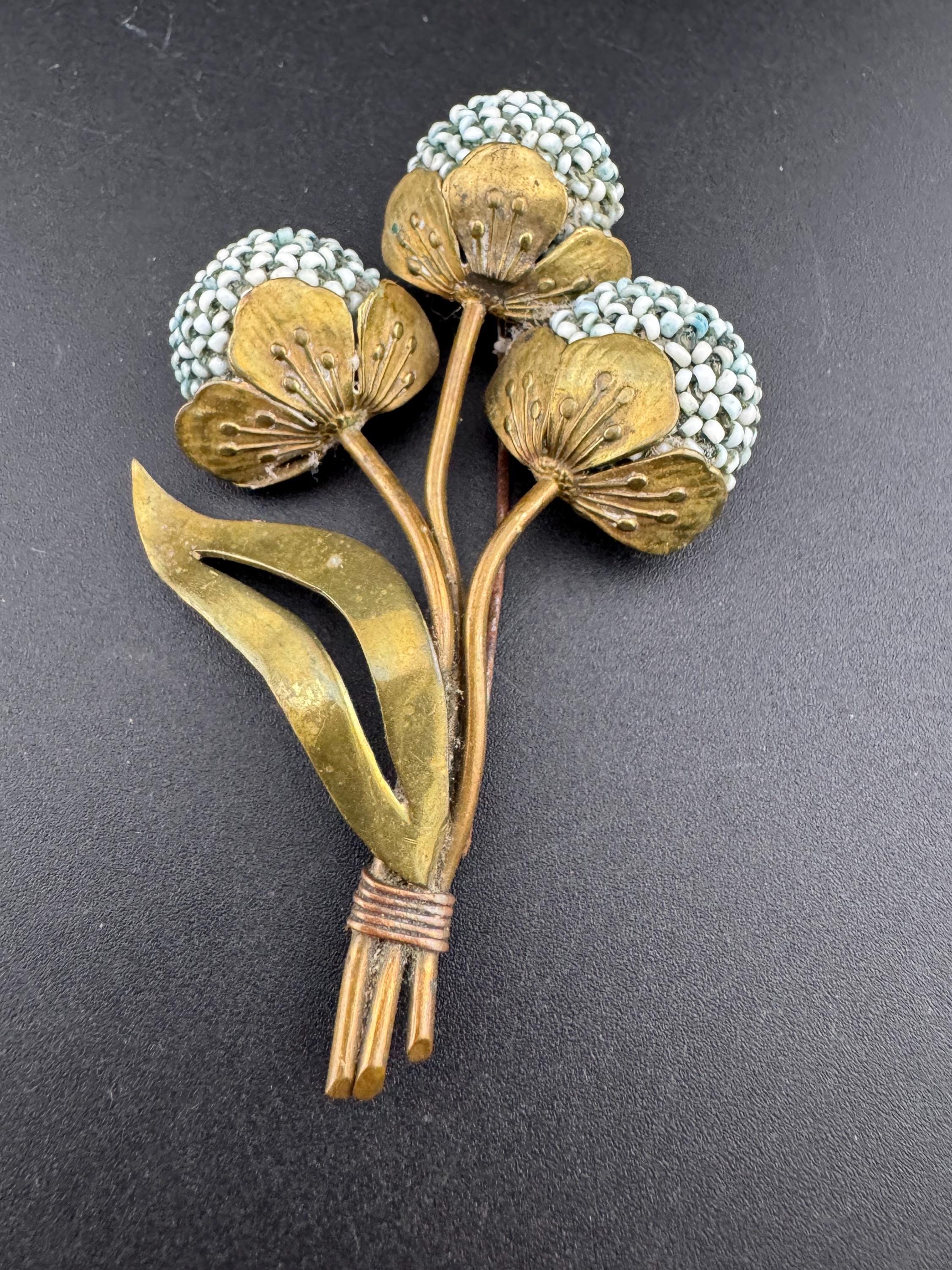 Xl large antique Brass floral brooch with soft blue beaded flower heads 1930s 9cm long, likely Czech /french