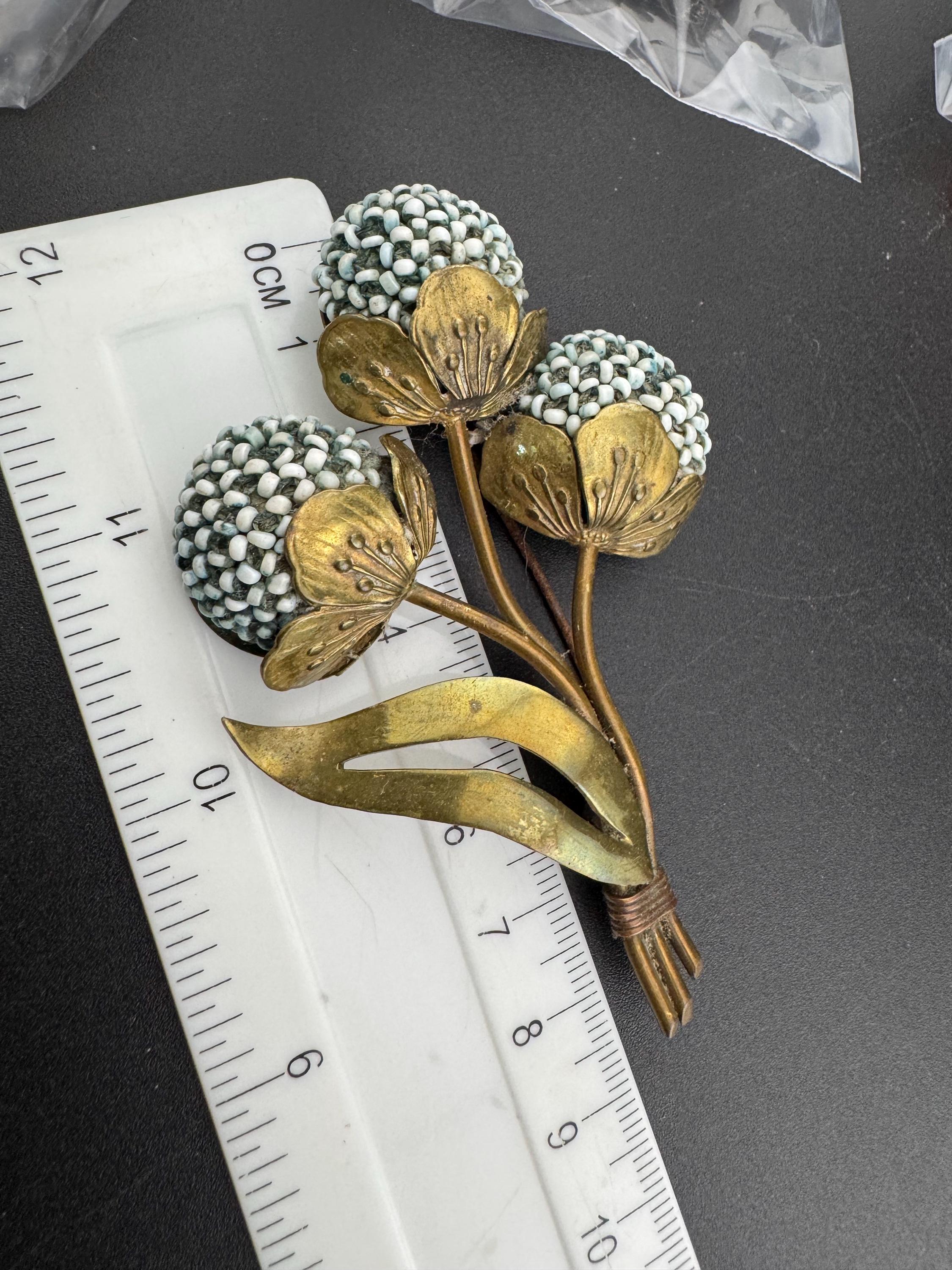 Xl large antique Brass floral brooch with soft blue beaded flower heads 1930s 9cm long, likely Czech /french