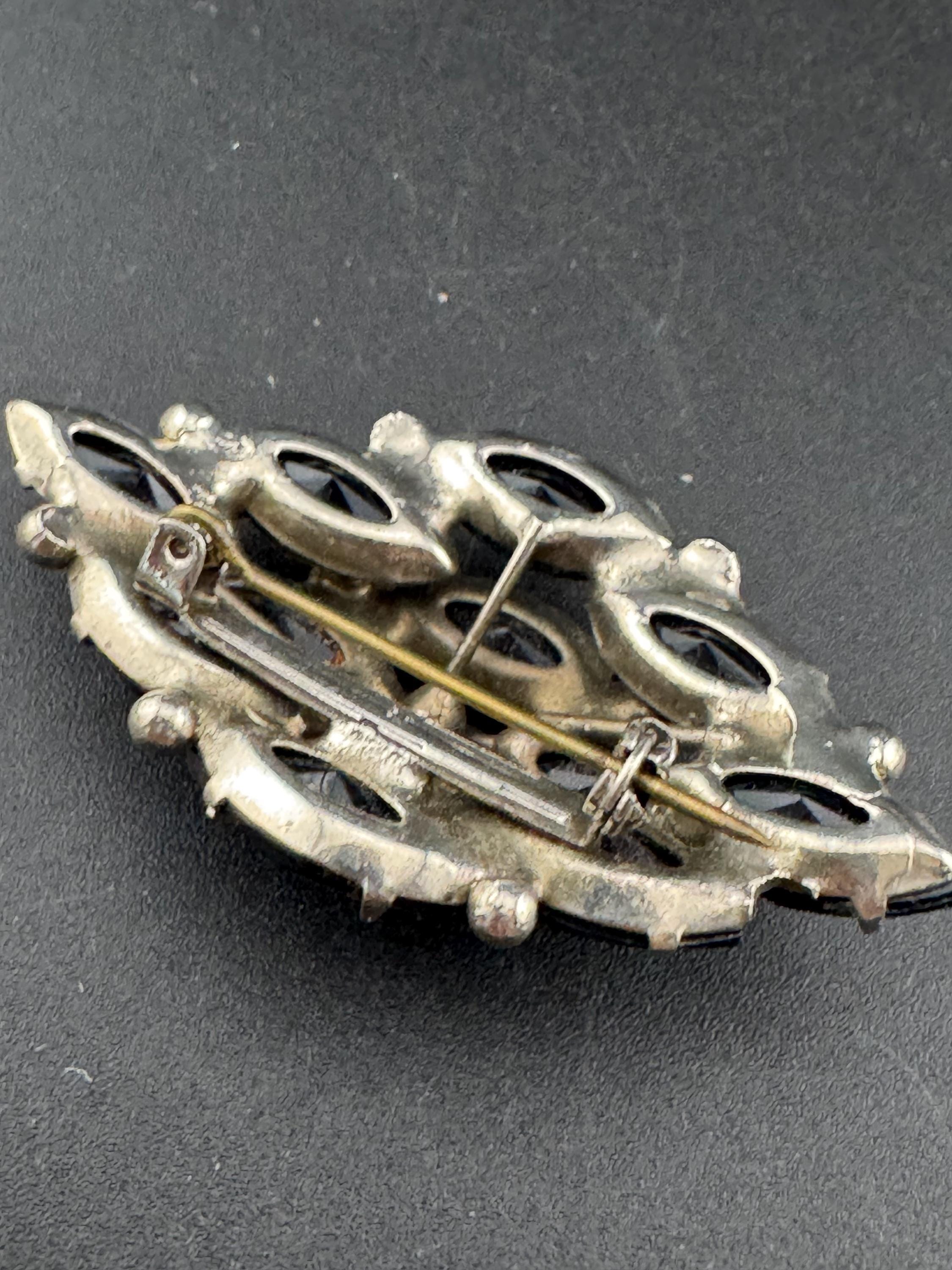 Vintage Black Glass navette Paste Rhinestone Sparkly Diamanté brooch  on silver tone metal