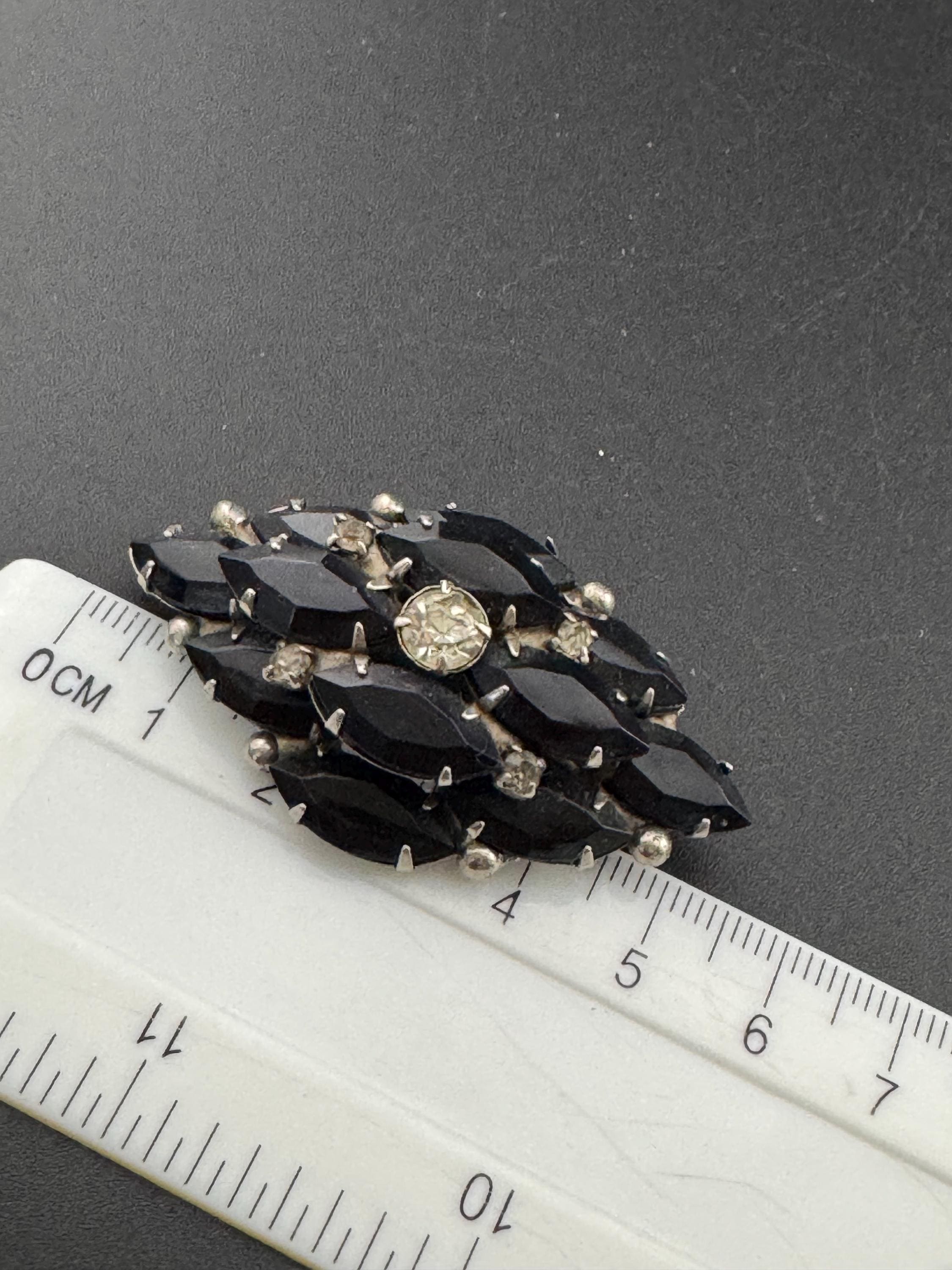 Vintage Black Glass navette Paste Rhinestone Sparkly Diamanté brooch  on silver tone metal