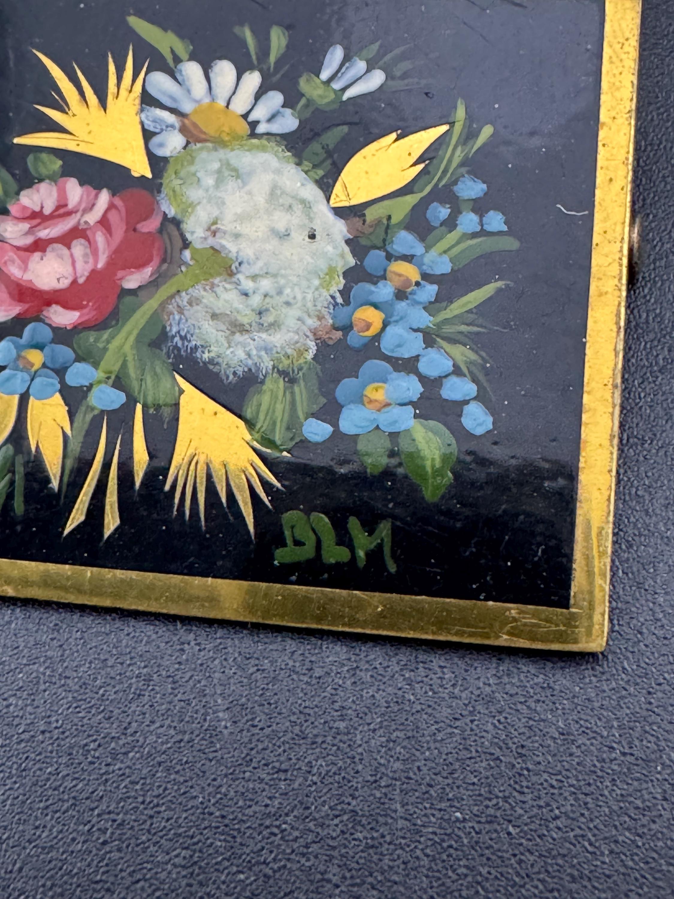 vintage French hand painted floral bouquet brooch, signed BLM 5cm brass metal with trombone clasp