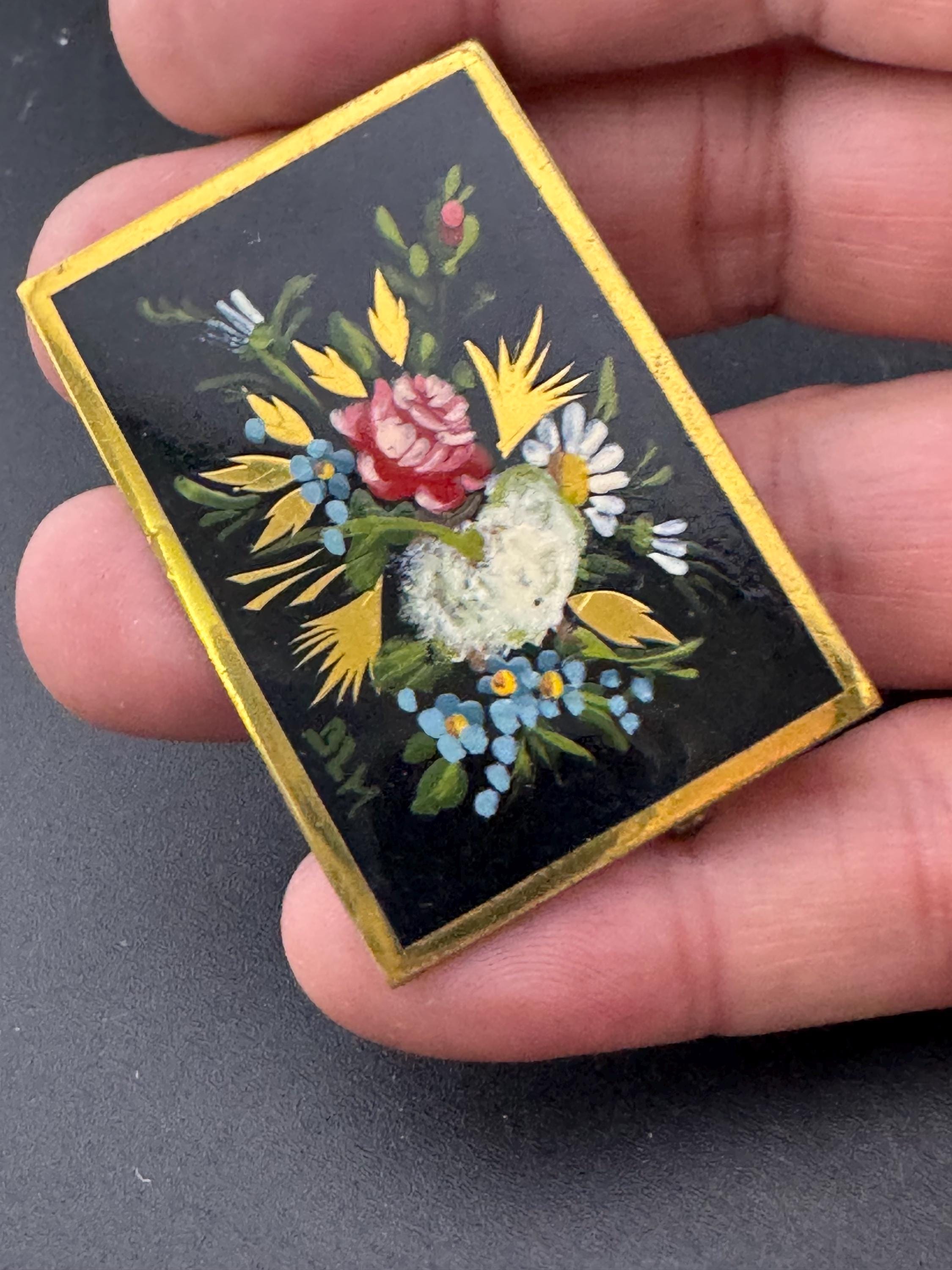 vintage French hand painted floral bouquet brooch, signed BLM 5cm brass metal with trombone clasp