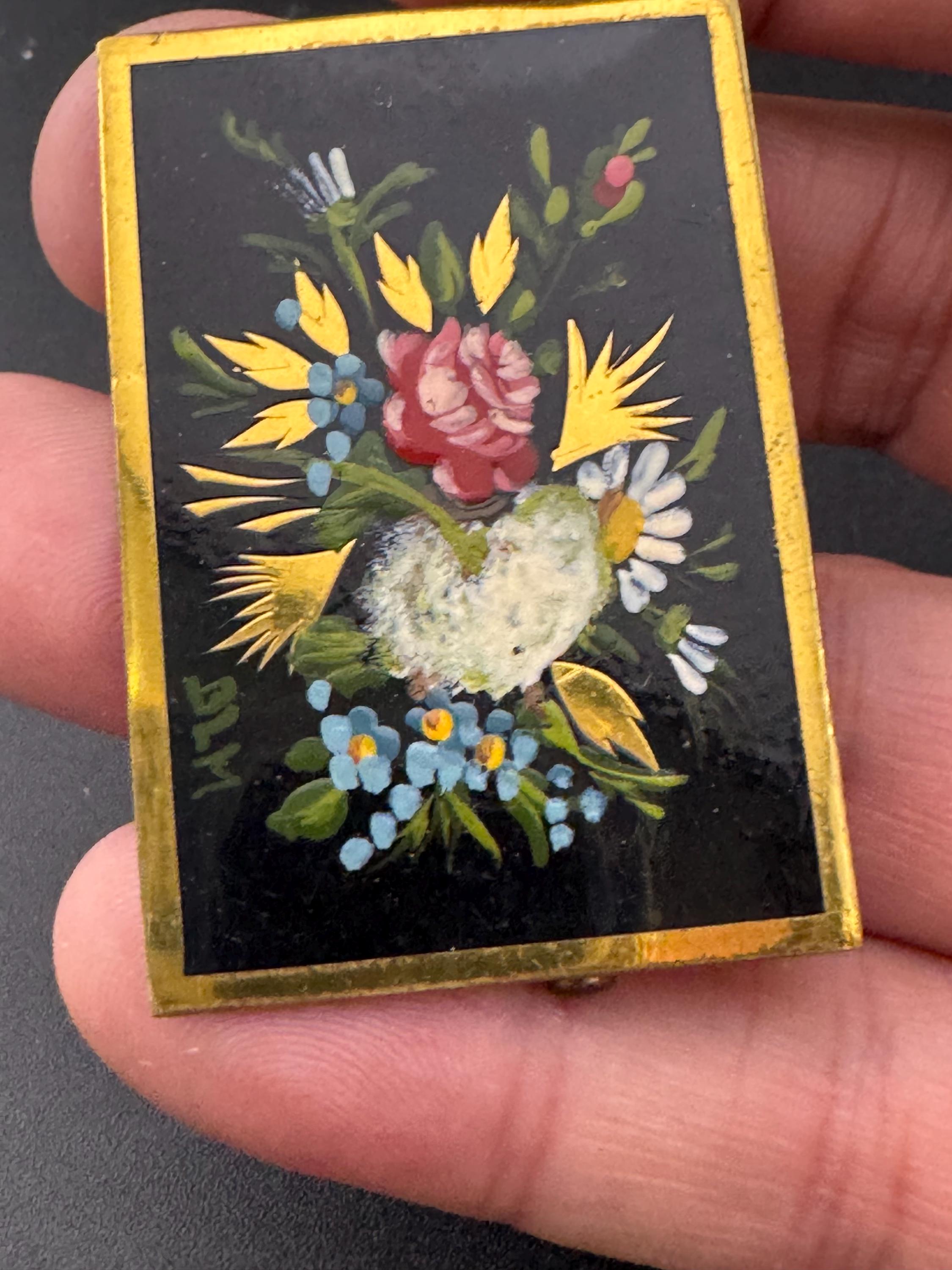 vintage French hand painted floral bouquet brooch, signed BLM 5cm brass metal with trombone clasp