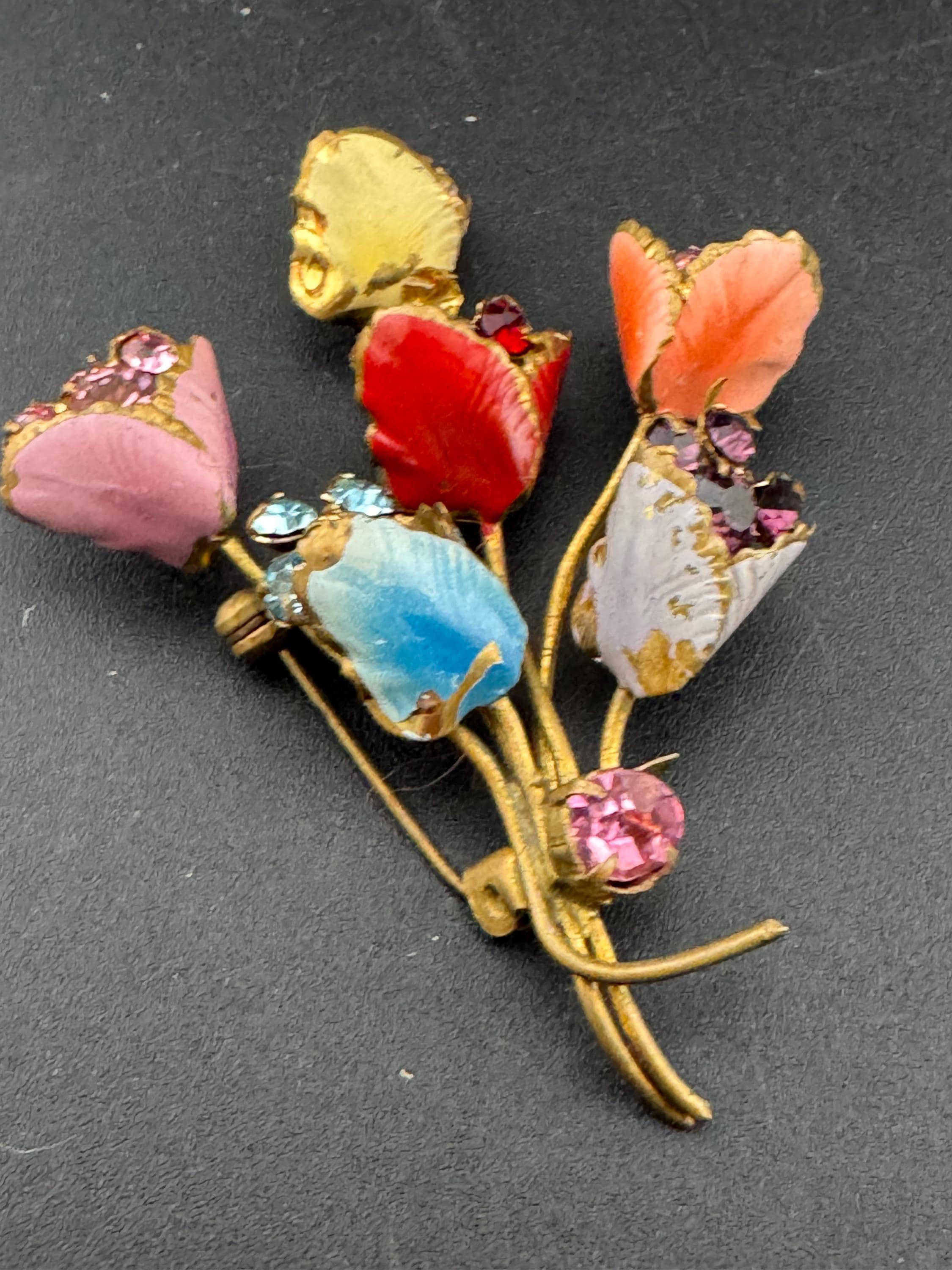 Art Deco Czech brass metal leaf cold painted floral bouquet brooch with rainbow coloured enamel flowers 6.5cm
