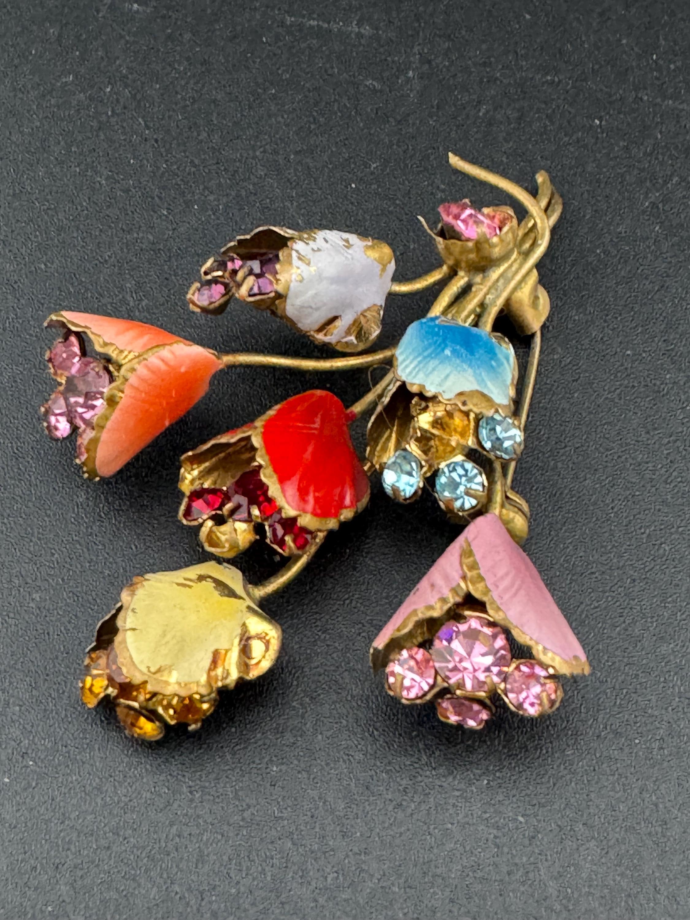 Art Deco Czech brass metal leaf cold painted floral bouquet brooch with rainbow coloured enamel flowers 6.5cm