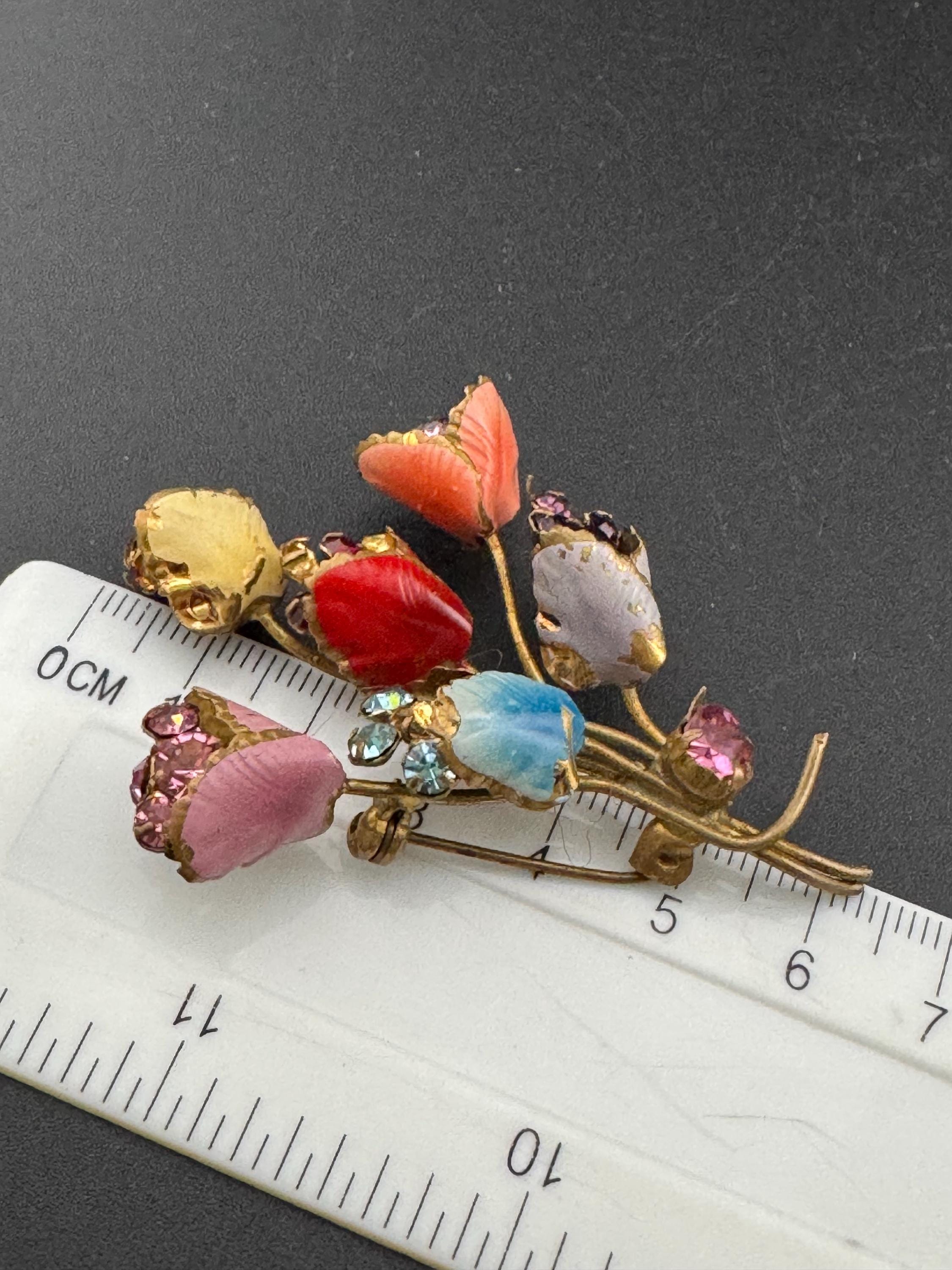 Art Deco Czech brass metal leaf cold painted floral bouquet brooch with rainbow coloured enamel flowers 6.5cm