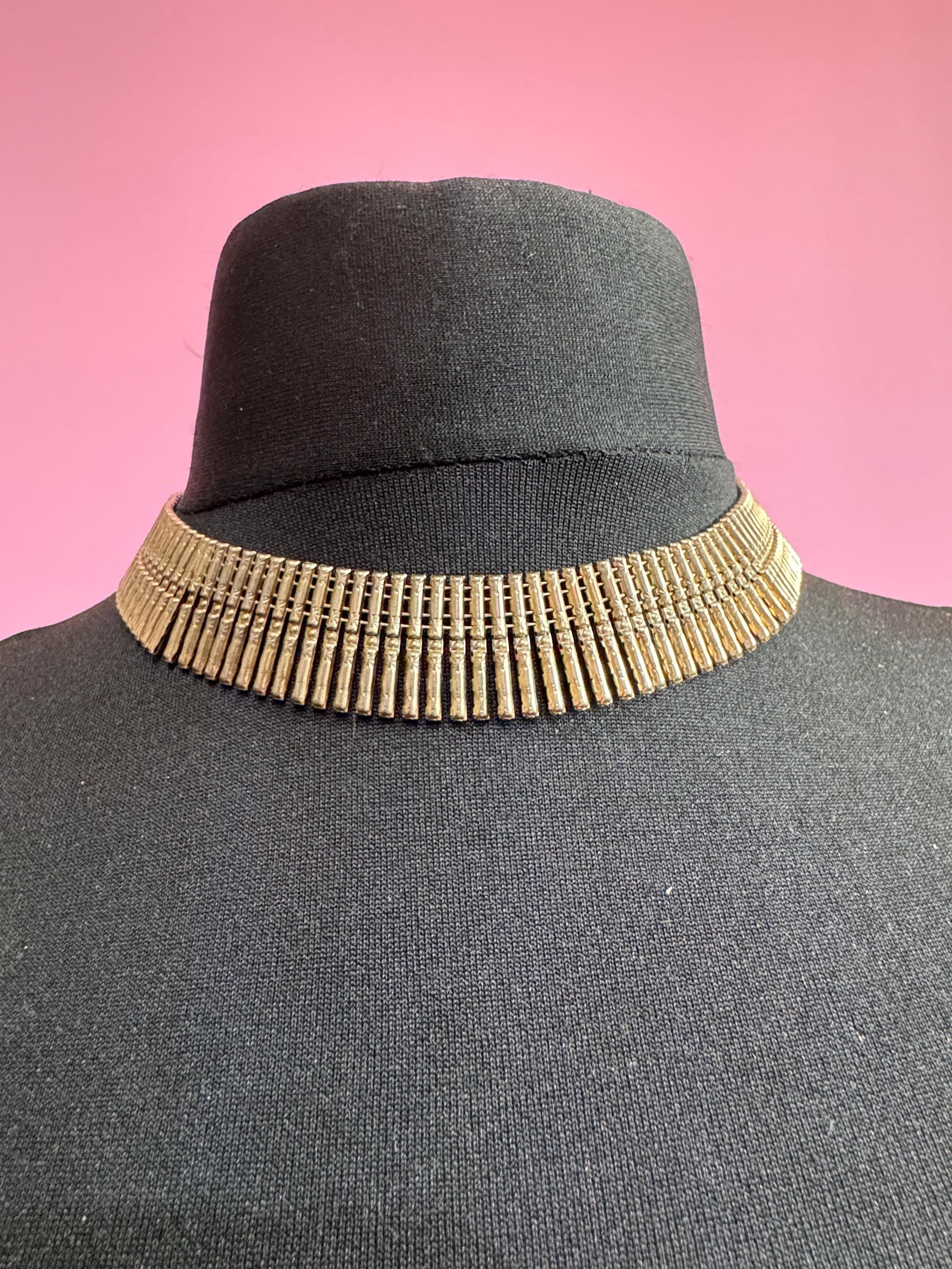 Vintage cleopatra Egyptian fringed dark gold tone wide choker necklace