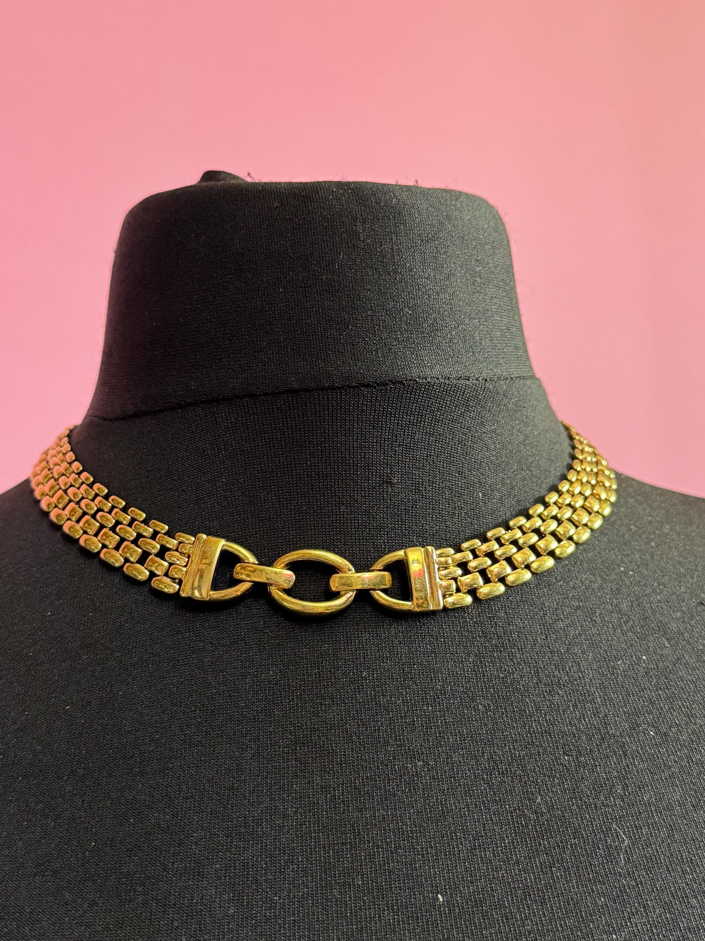 Retro 1980s brick panther link gold tone choker necklace 45cm