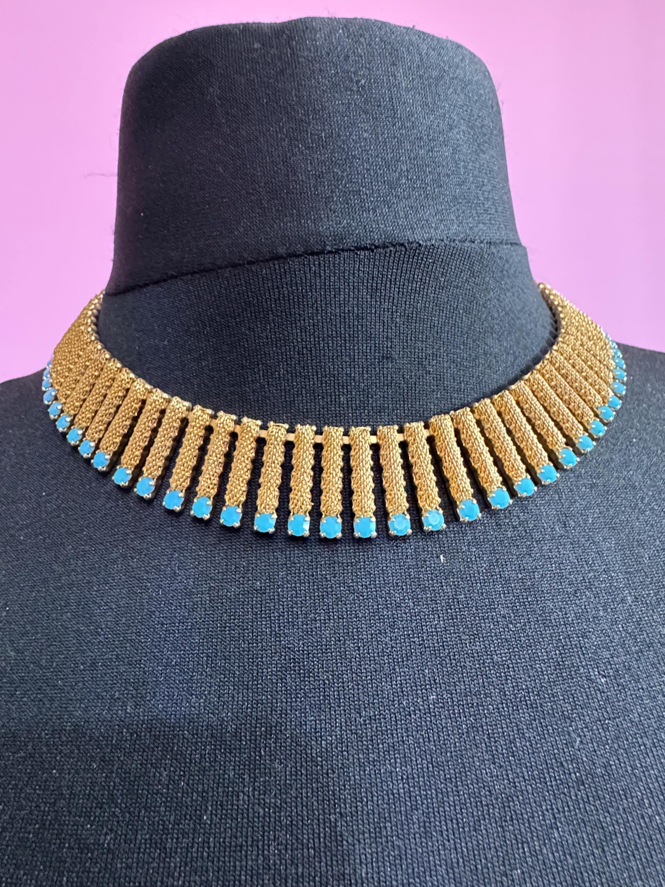 Vintage 1960s gold fringe necklace with turquoise glass paste stones
